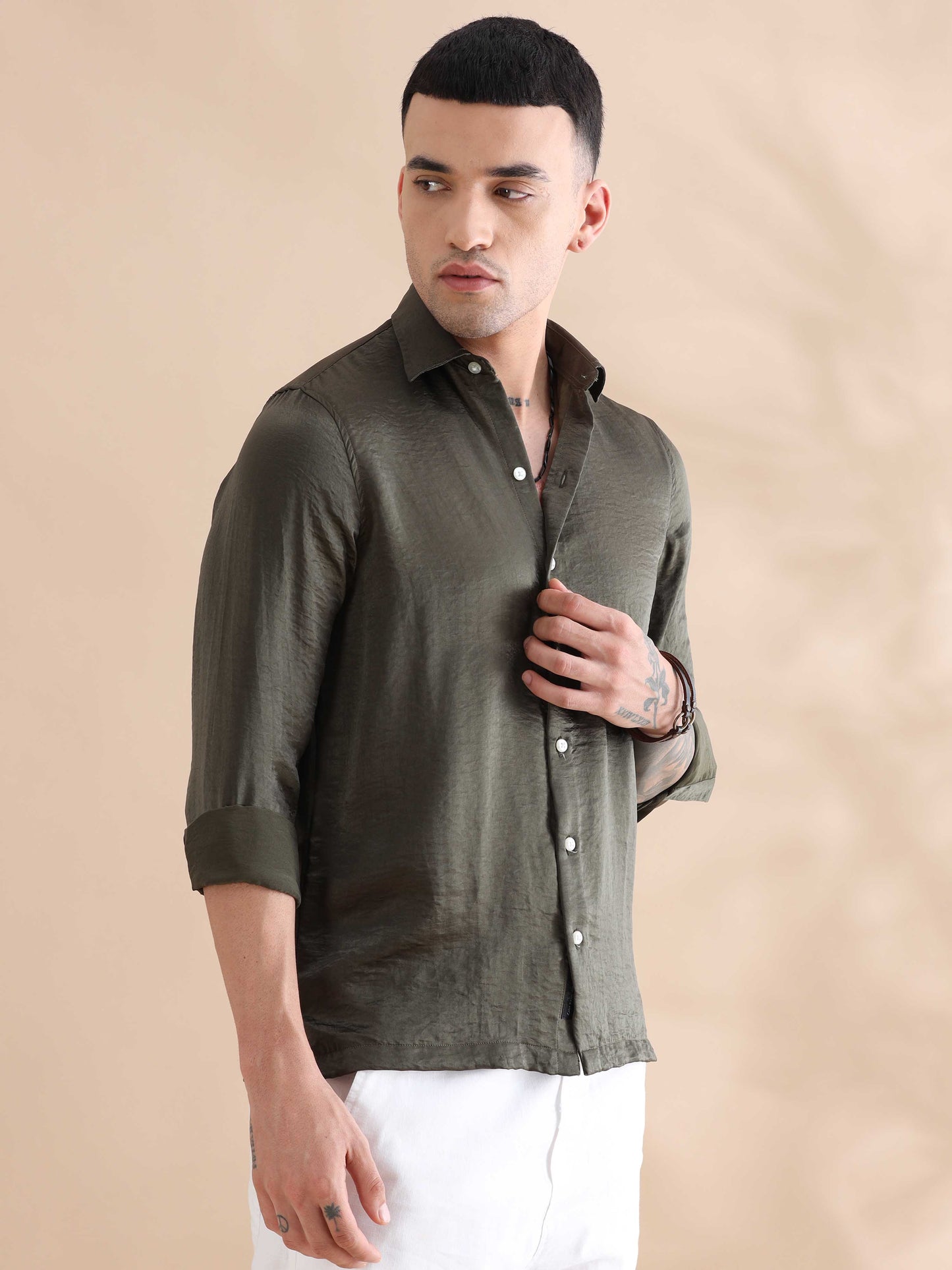 Olive Green Imported Velvet Long Sleeve Shirts