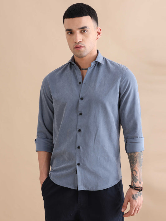 Aqua Blue Imported Velvet Solid Shirts Mens