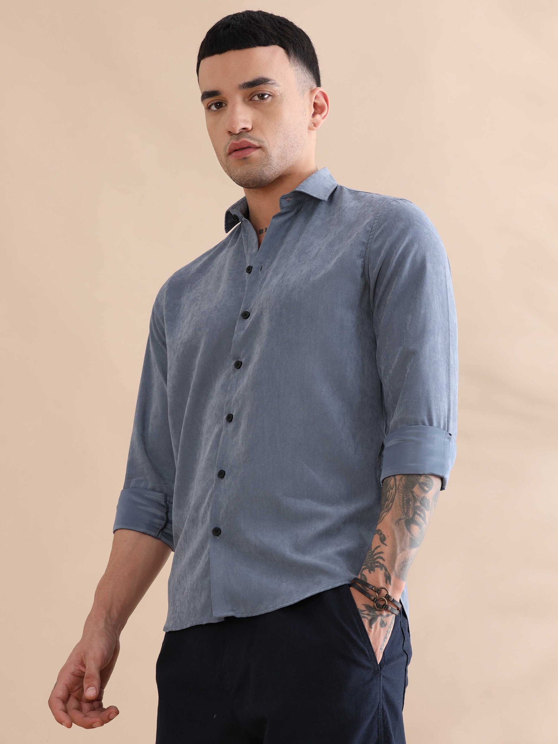 Aqua Blue Imported Velvet Solid Shirts Mens