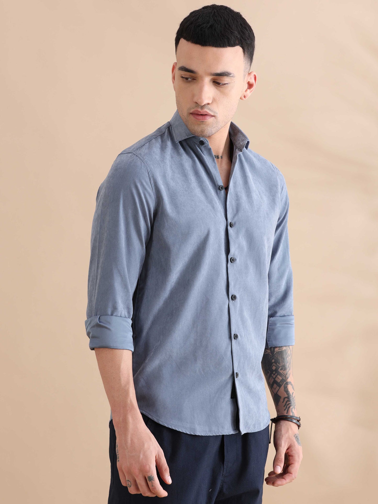 Aqua Blue Imported Velvet Solid Shirts Mens