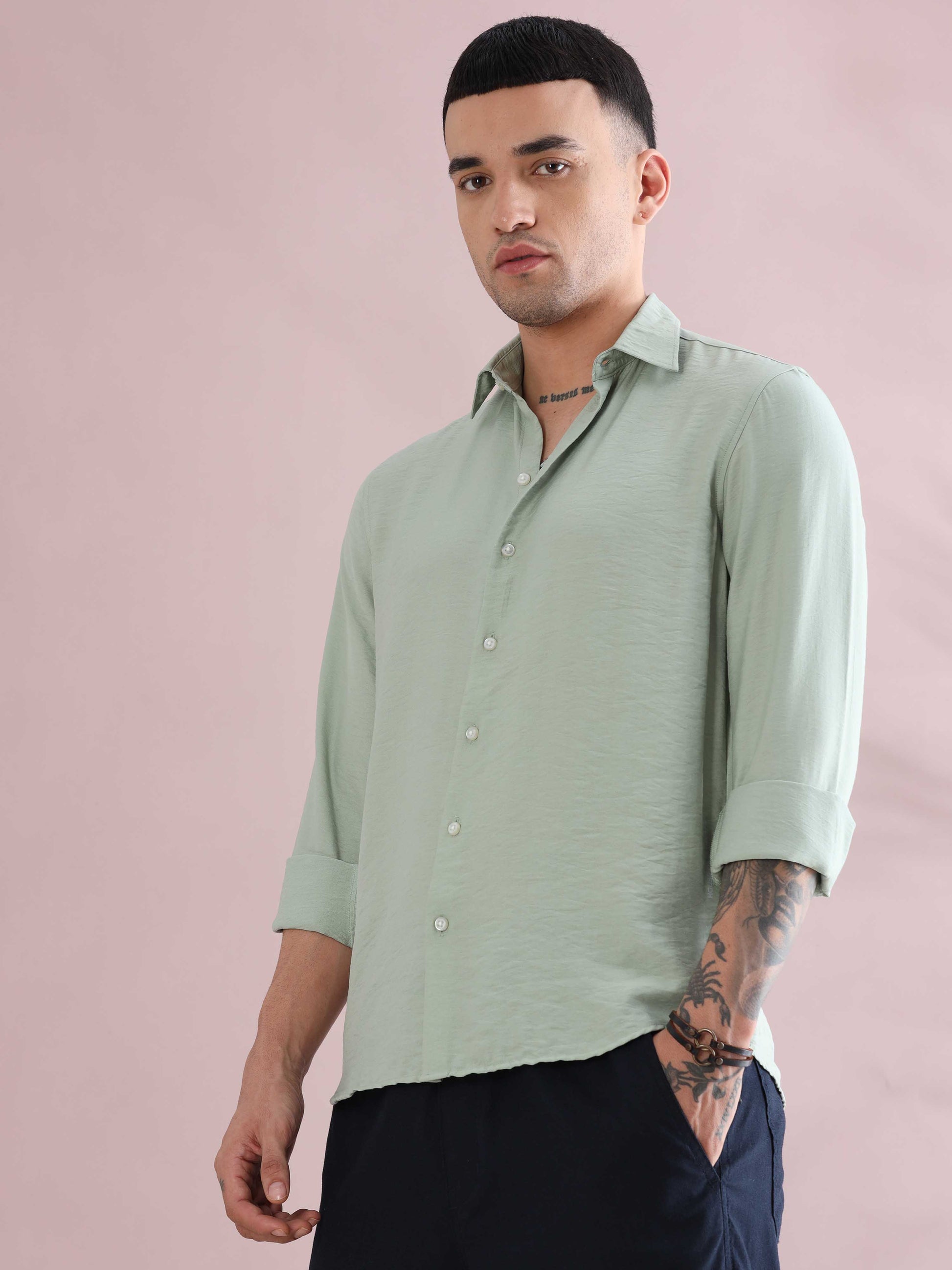 Light Green Relaxed Crush Solid Color Shirts - Light Green Shirt