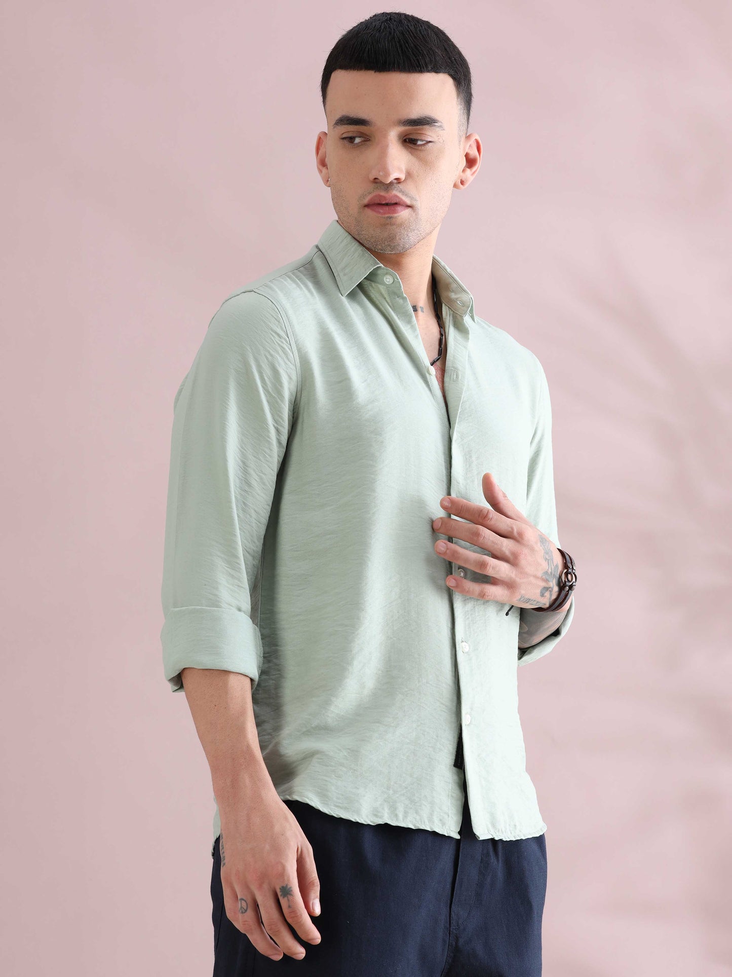 Light Green Relaxed Crush Solid Color Shirts - Light Green Shirt