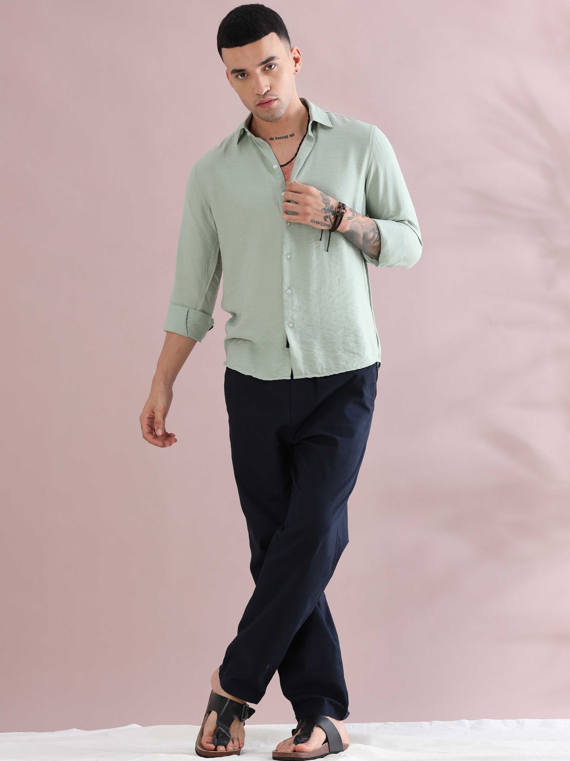 Light Green Relaxed Crush Solid Color Shirts - Light Green Shirt