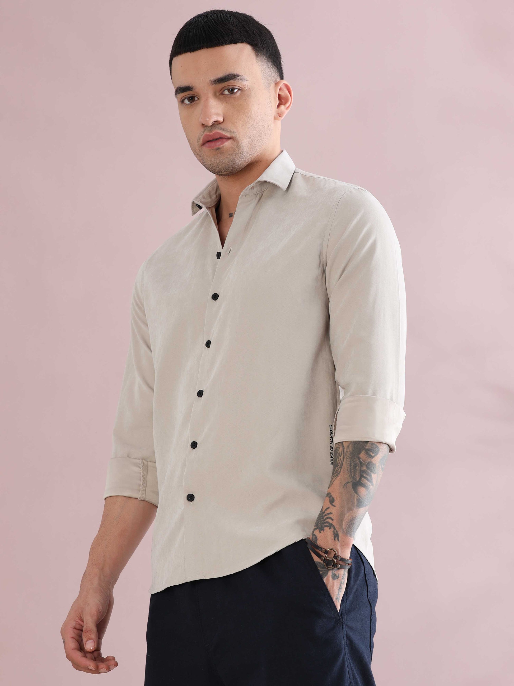 Cream Imported Regular Fit Velvet Solid Shirt 