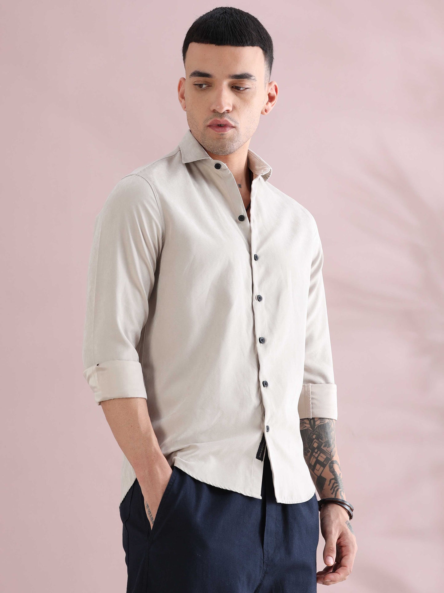 Cream Imported Regular Fit Velvet Solid Shirt 