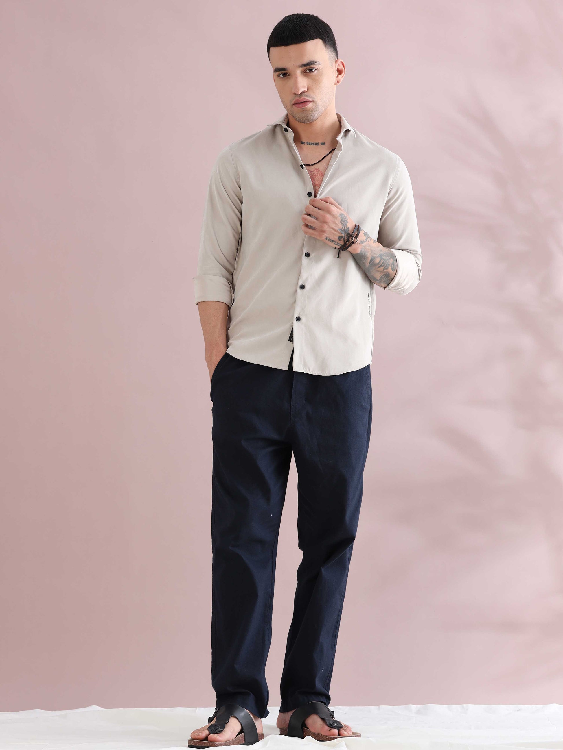 Cream Imported Regular Fit Velvet Solid Shirt 