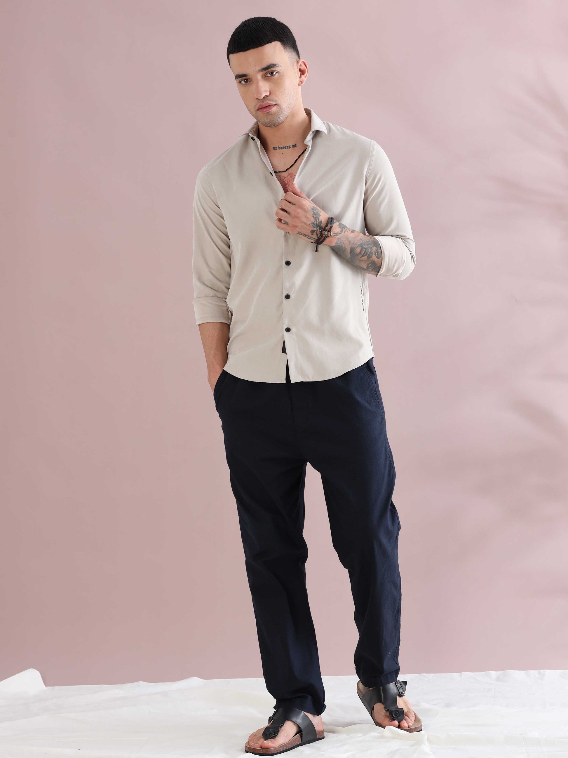 Cream Imported Regular Fit Velvet Solid Shirt 