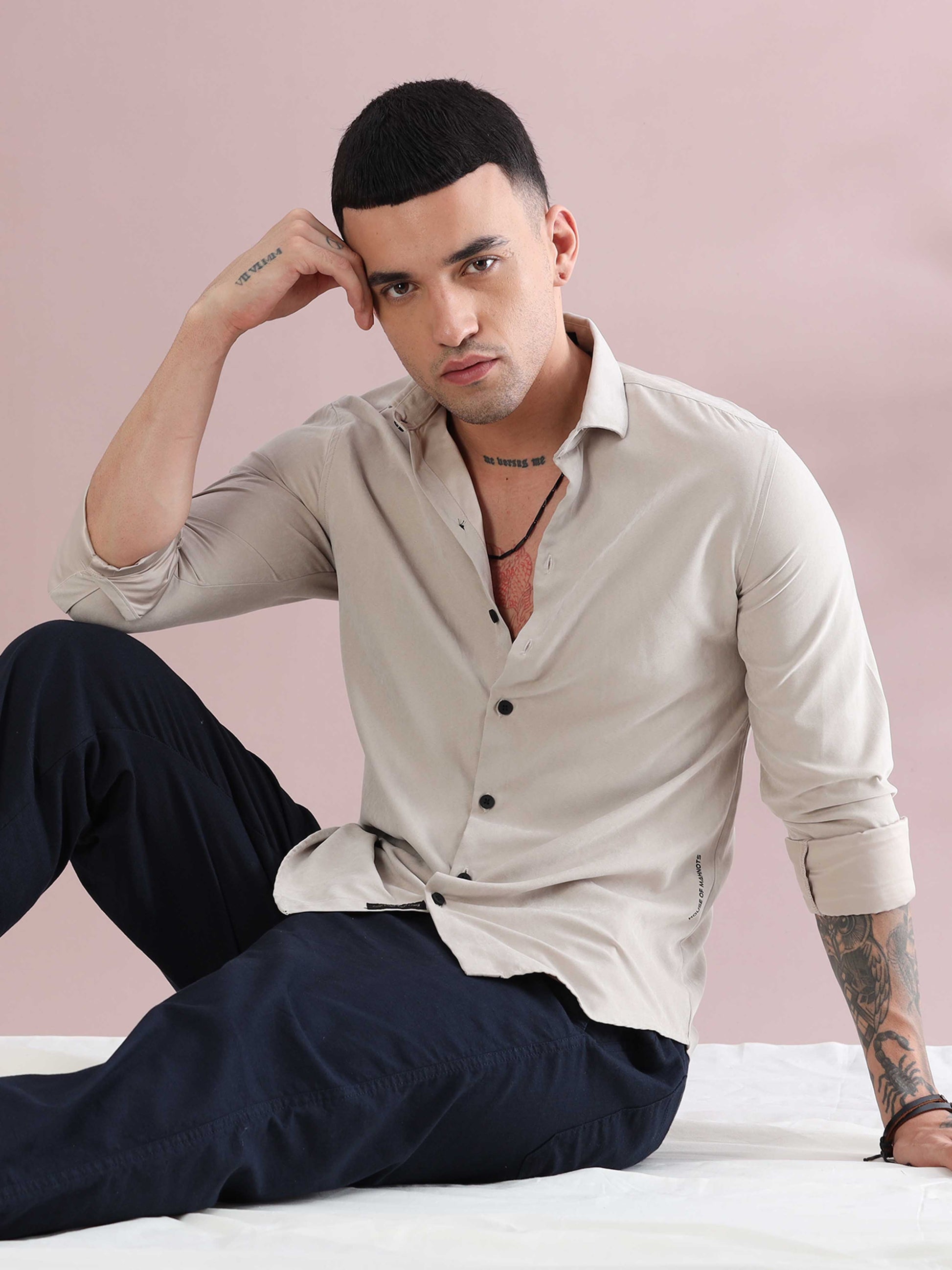 Cream Imported Regular Fit Velvet Solid Shirt 