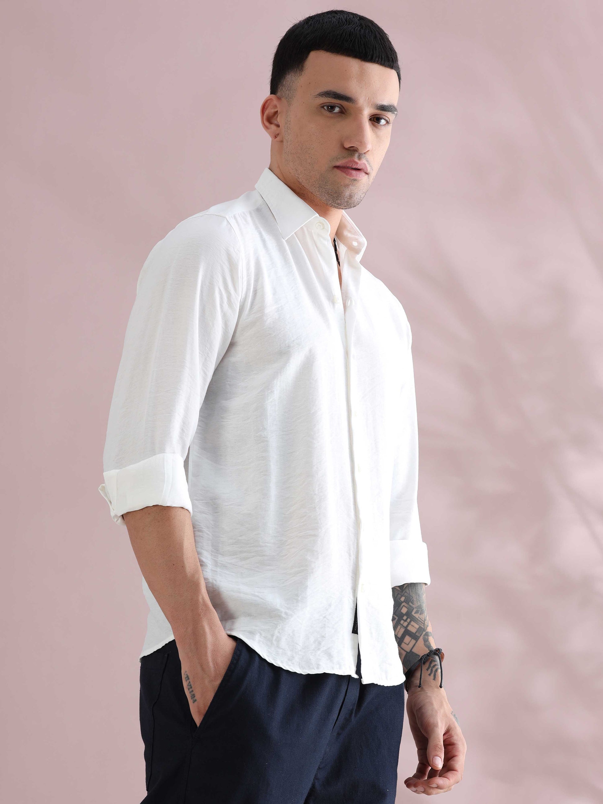 White Relaxed Imported Crush Shirt - White Solid Shirt