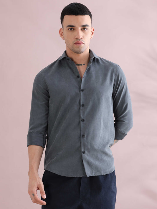 Grey Velvet Solid Shirts for Men