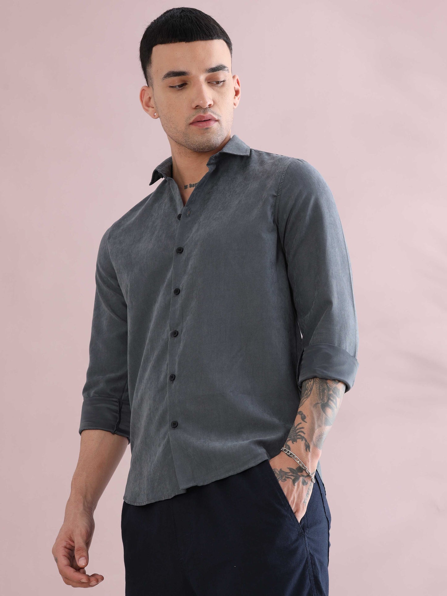 Grey Velvet Solid Shirts for Men