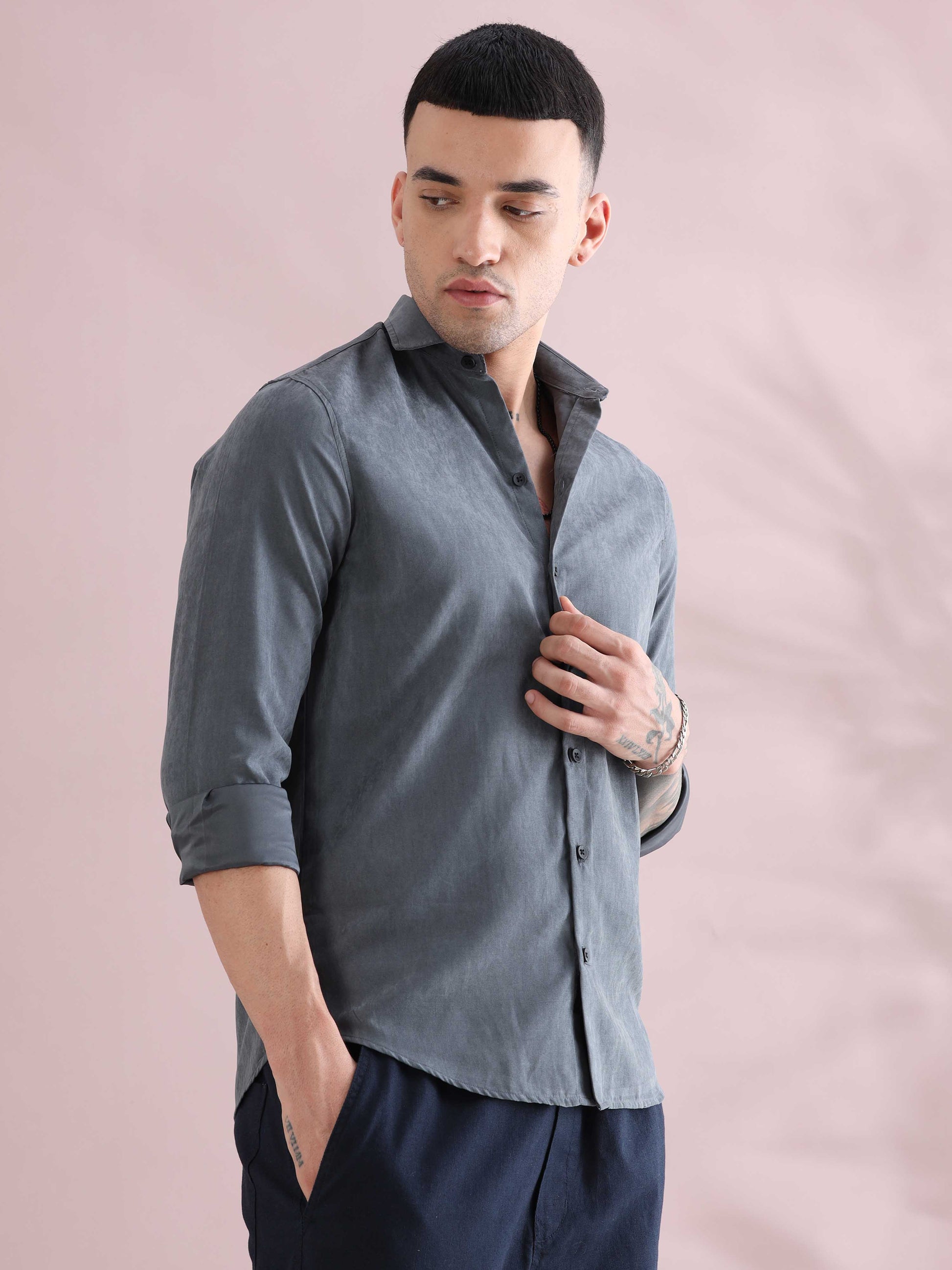 Grey Velvet Solid Shirts for Men