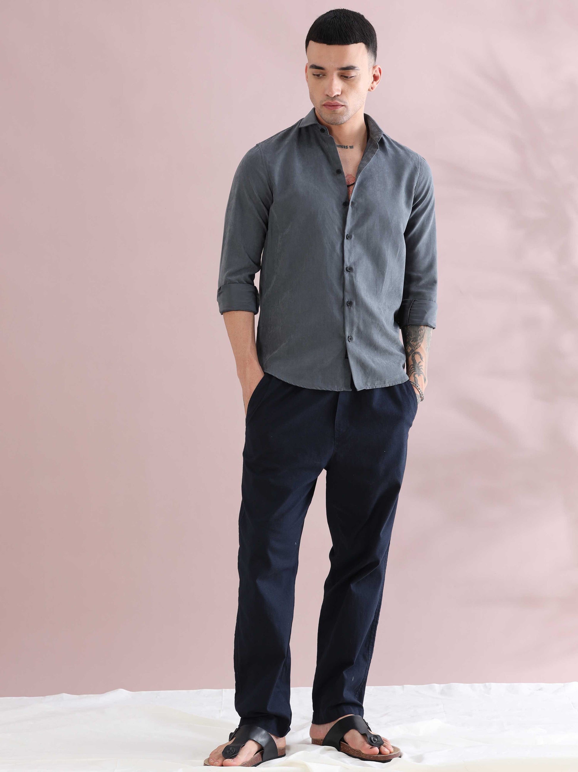 Grey Velvet Solid Shirts for Men