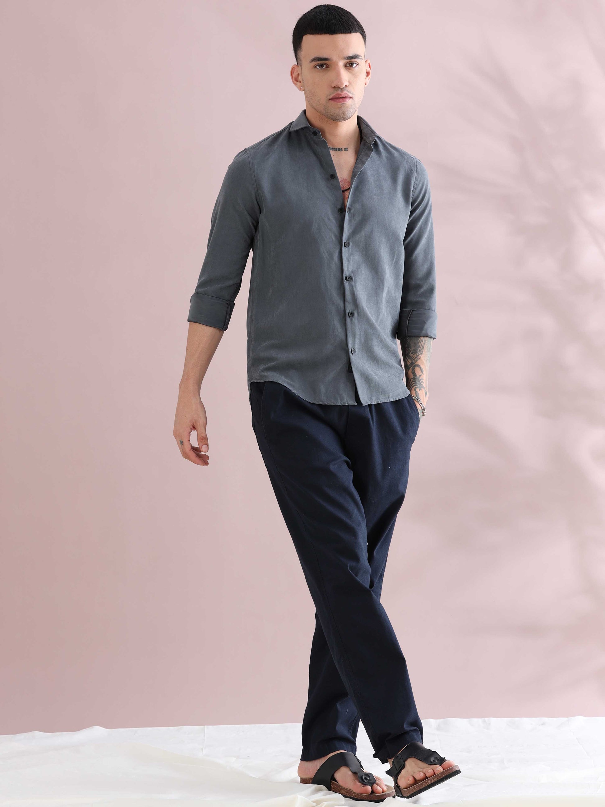 Grey Velvet Solid Shirts for Men