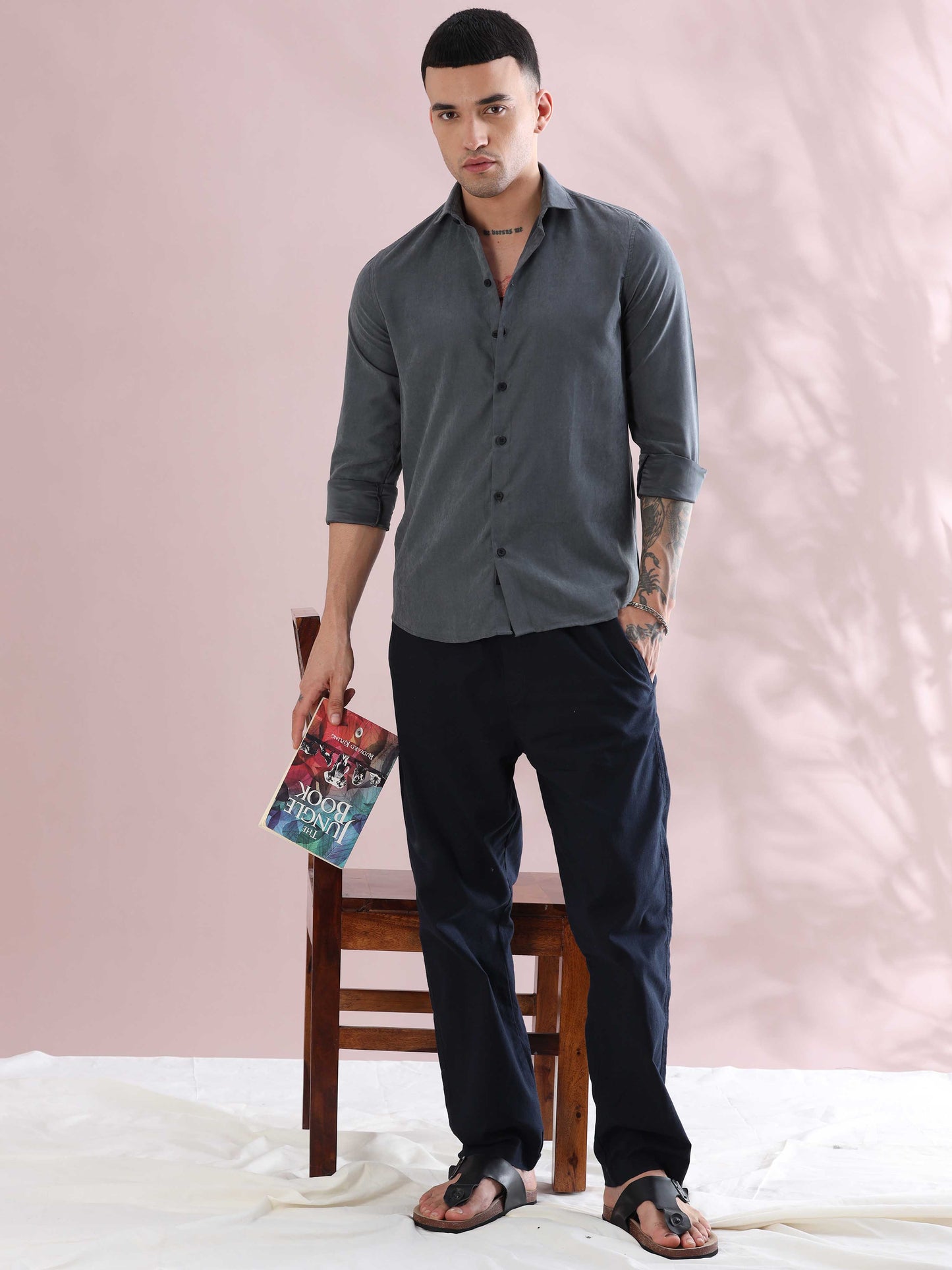 Grey Velvet Solid Shirts for Men