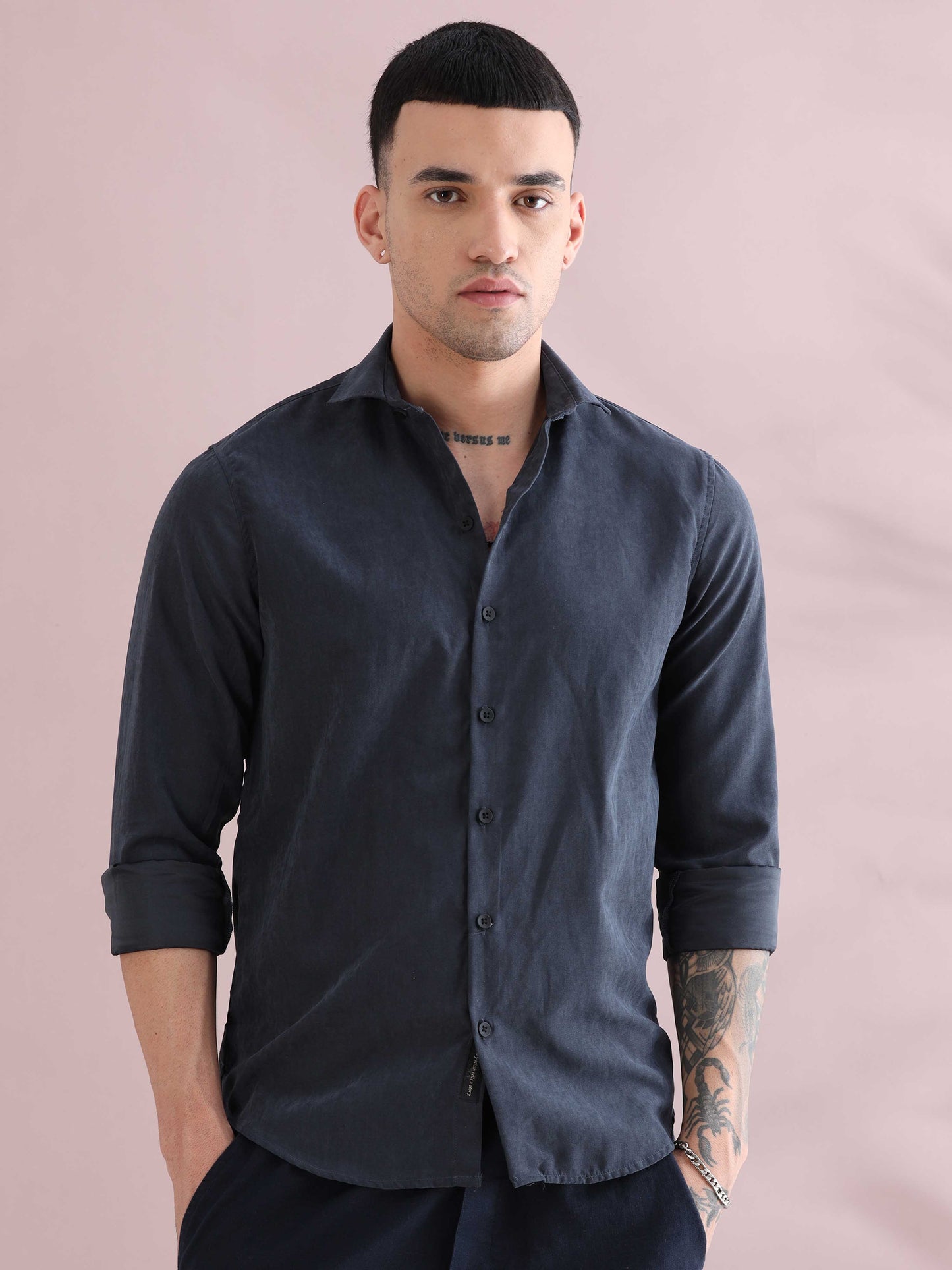 Dark Grey Velvet Casual Solid Shirts - Plain Velvet Shirt