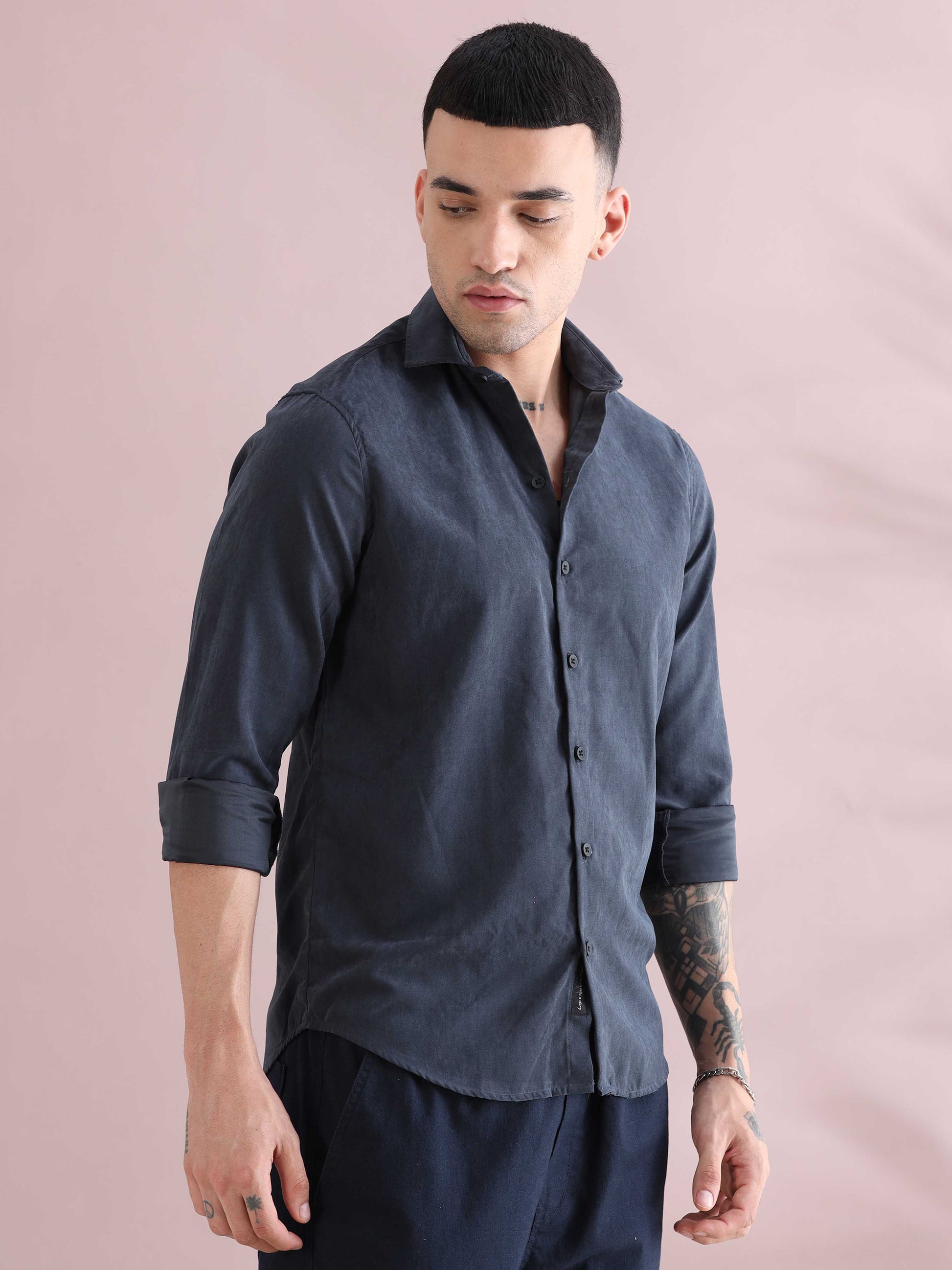 Dark Grey Velvet Casual Solid Shirts - Plain Velvet Shirt