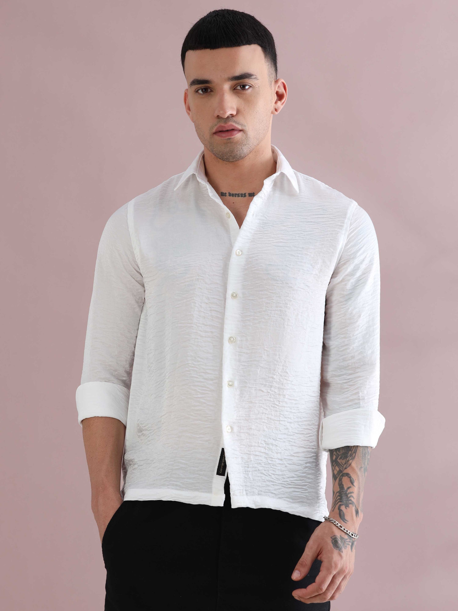 Buy White Satin Crush Full Sleeve Shirts - White Solid Shirt