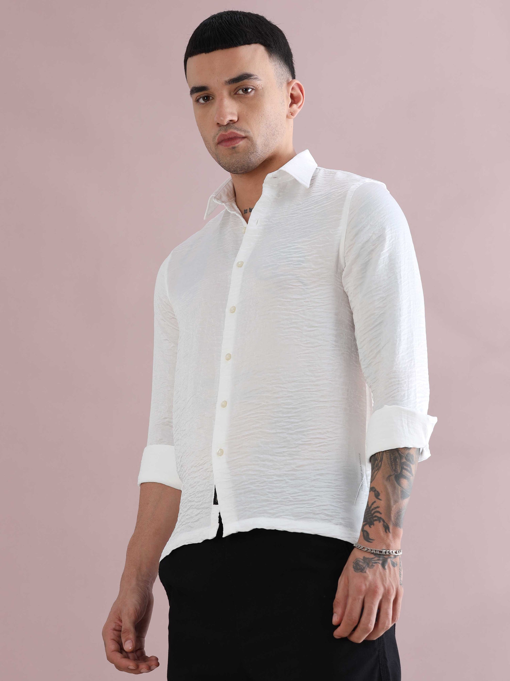 Buy White Satin Crush Full Sleeve Shirts - White Solid Shirt