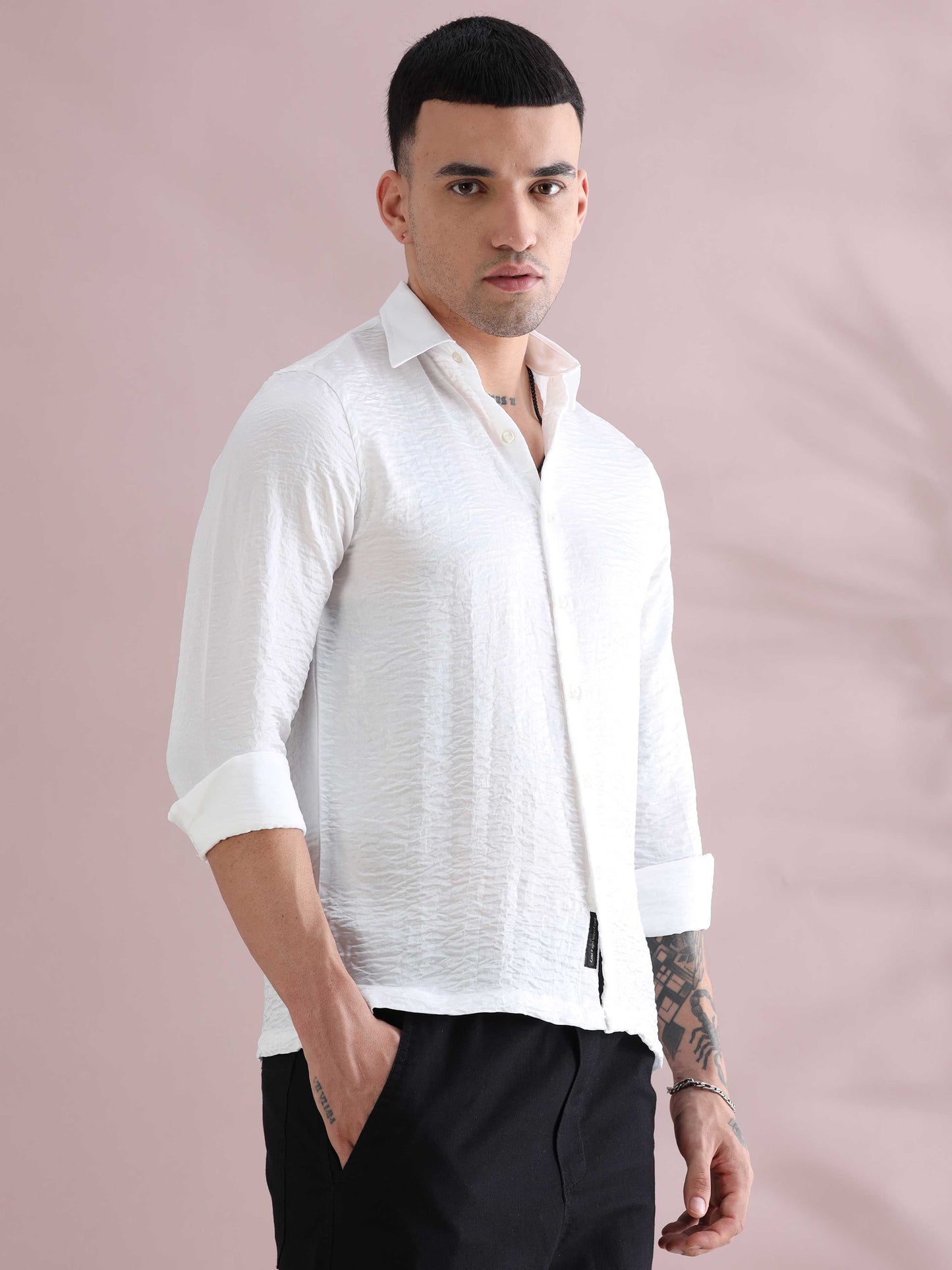 Buy White Satin Crush Full Sleeve Shirts - White Solid Shirt