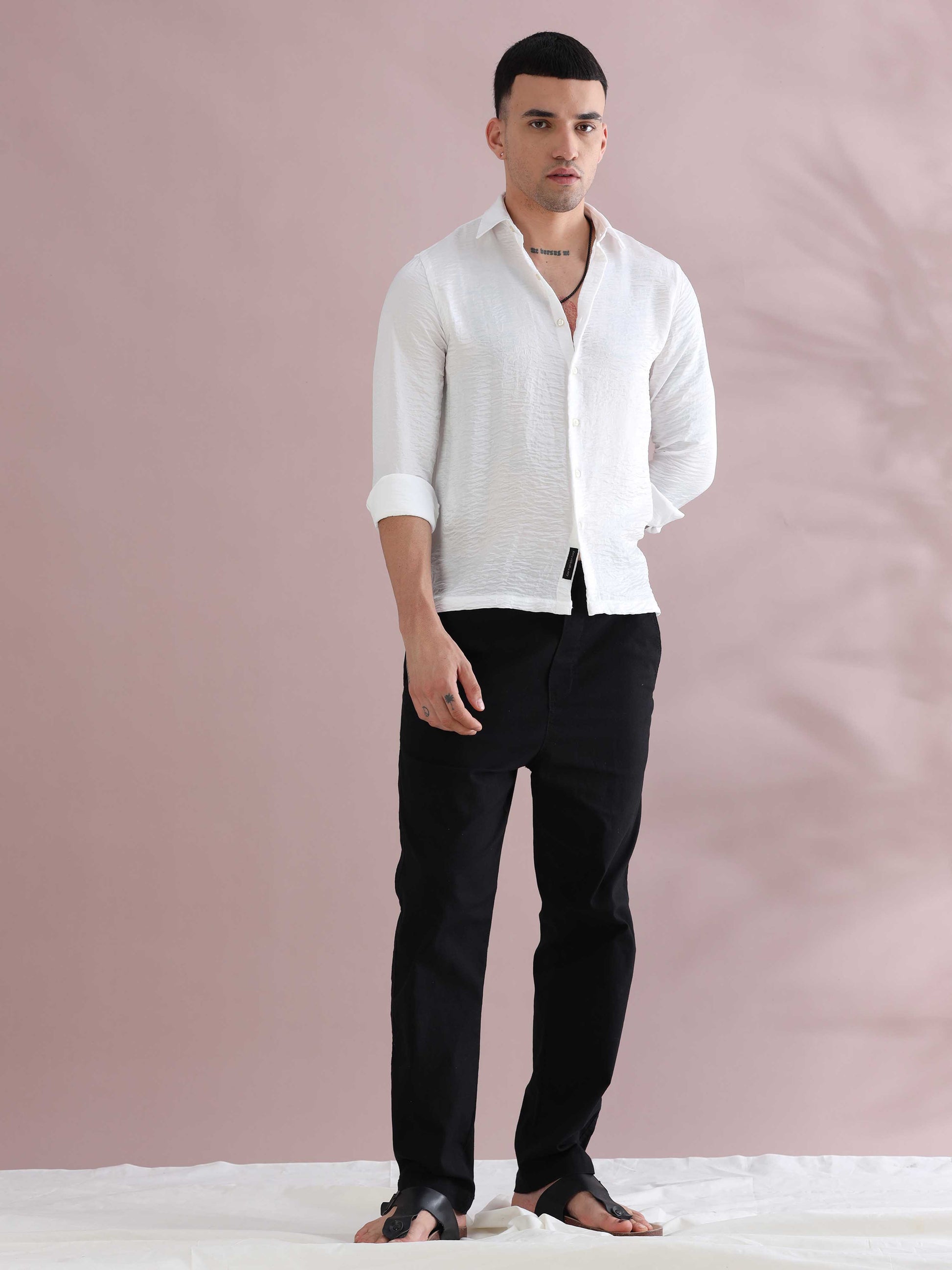 Buy White Satin Crush Full Sleeve Shirts - White Solid Shirt