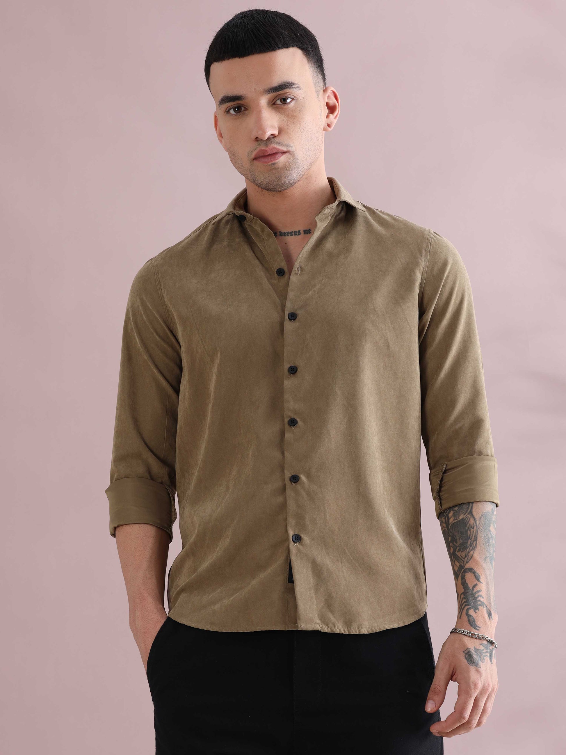 Khaki Imported Velvet Mens Solid Shirts - Khaki Velvet Shirt