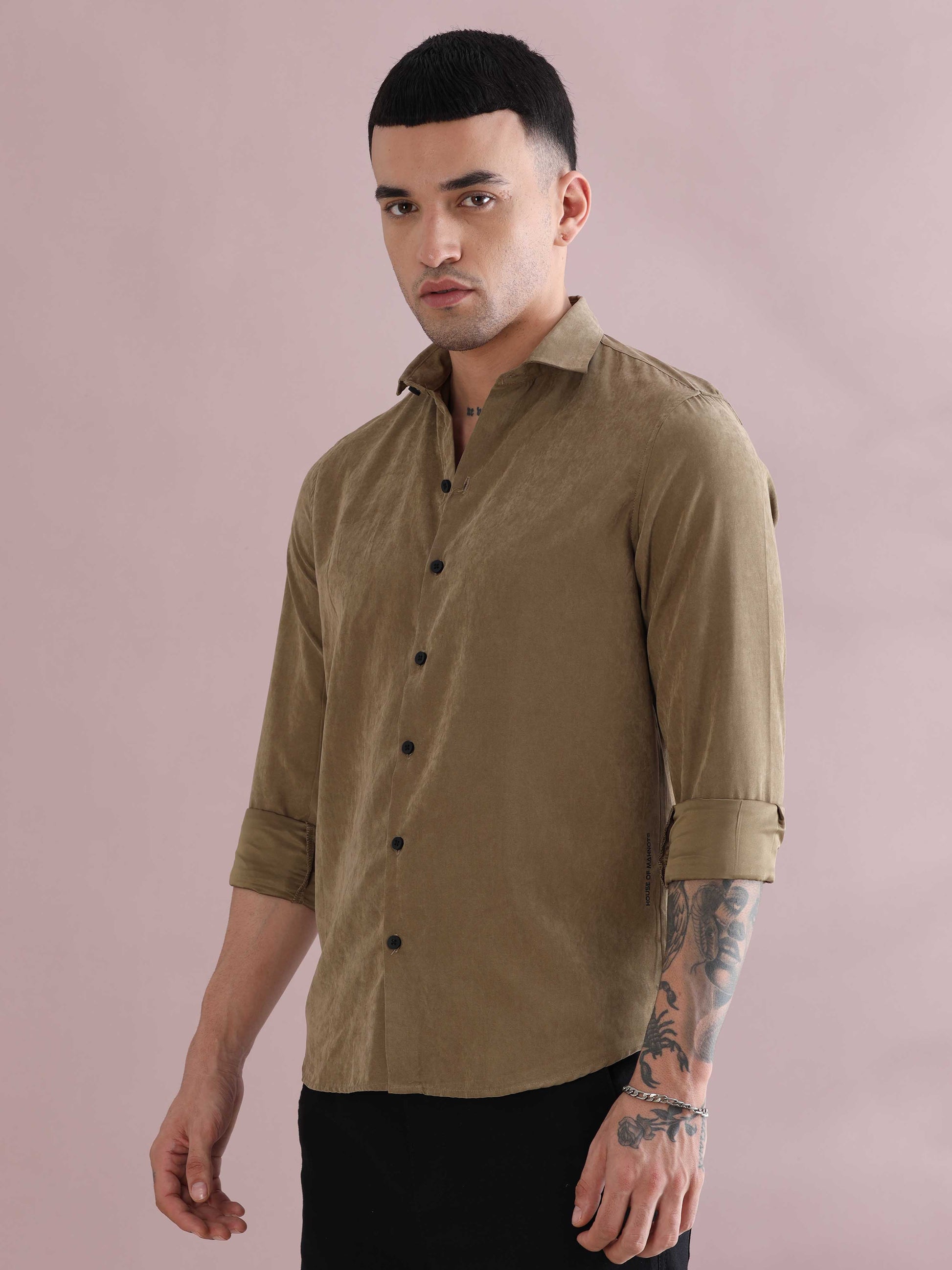 Khaki Imported Velvet Mens Solid Shirts - Khaki Velvet Shirt