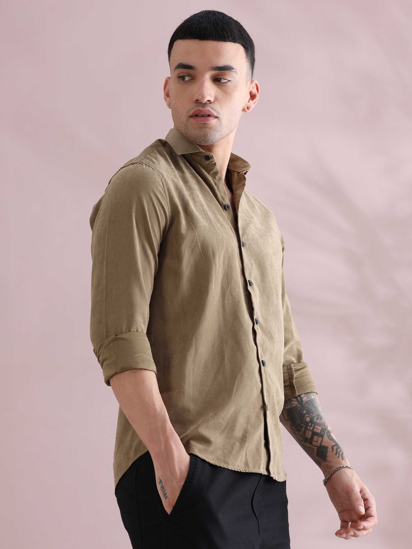 Khaki Imported Velvet Mens Solid Shirts - Khaki Velvet Shirt