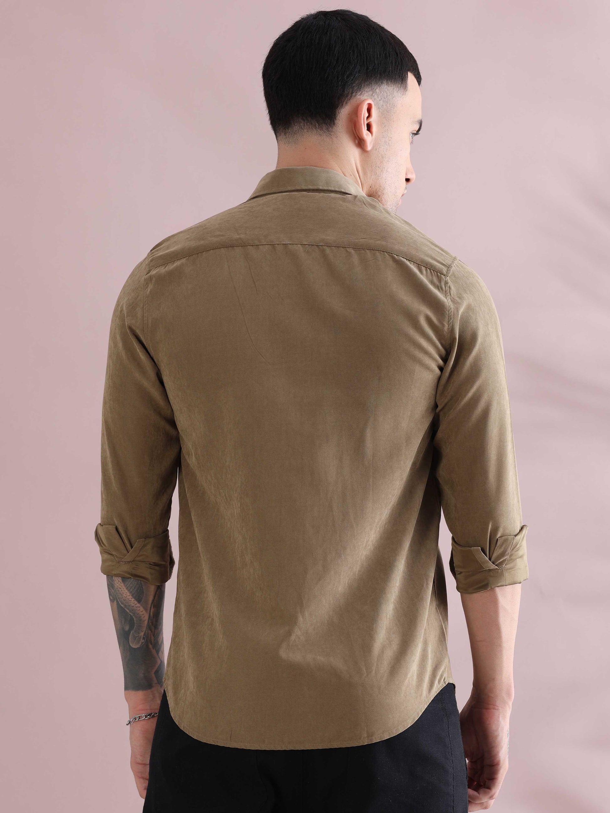 Khaki Imported Velvet Mens Solid Shirts - Khaki Velvet Shirt