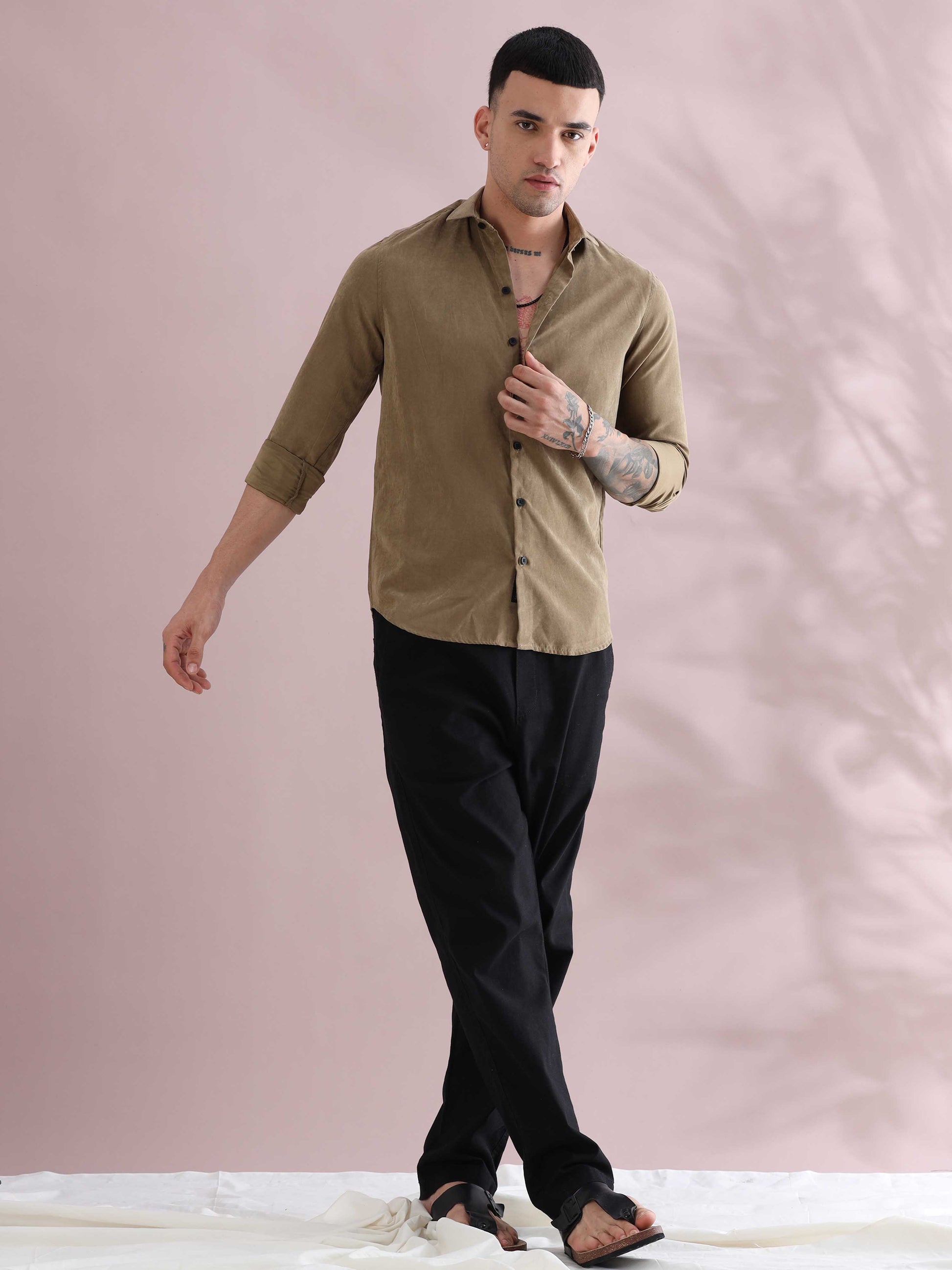 Khaki Imported Velvet Mens Solid Shirts - Khaki Velvet Shirt