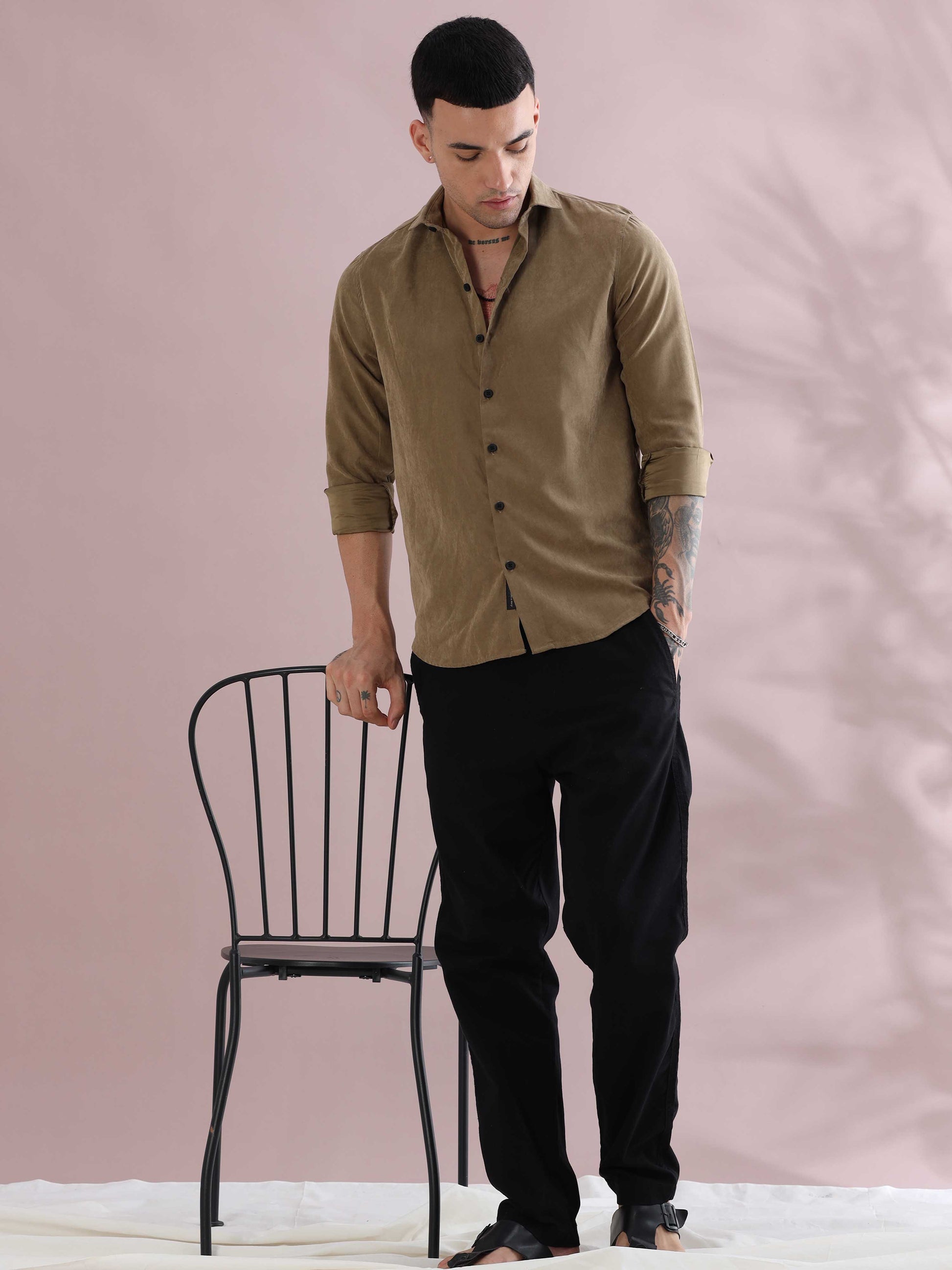 Khaki Imported Velvet Mens Solid Shirts - Khaki Velvet Shirt