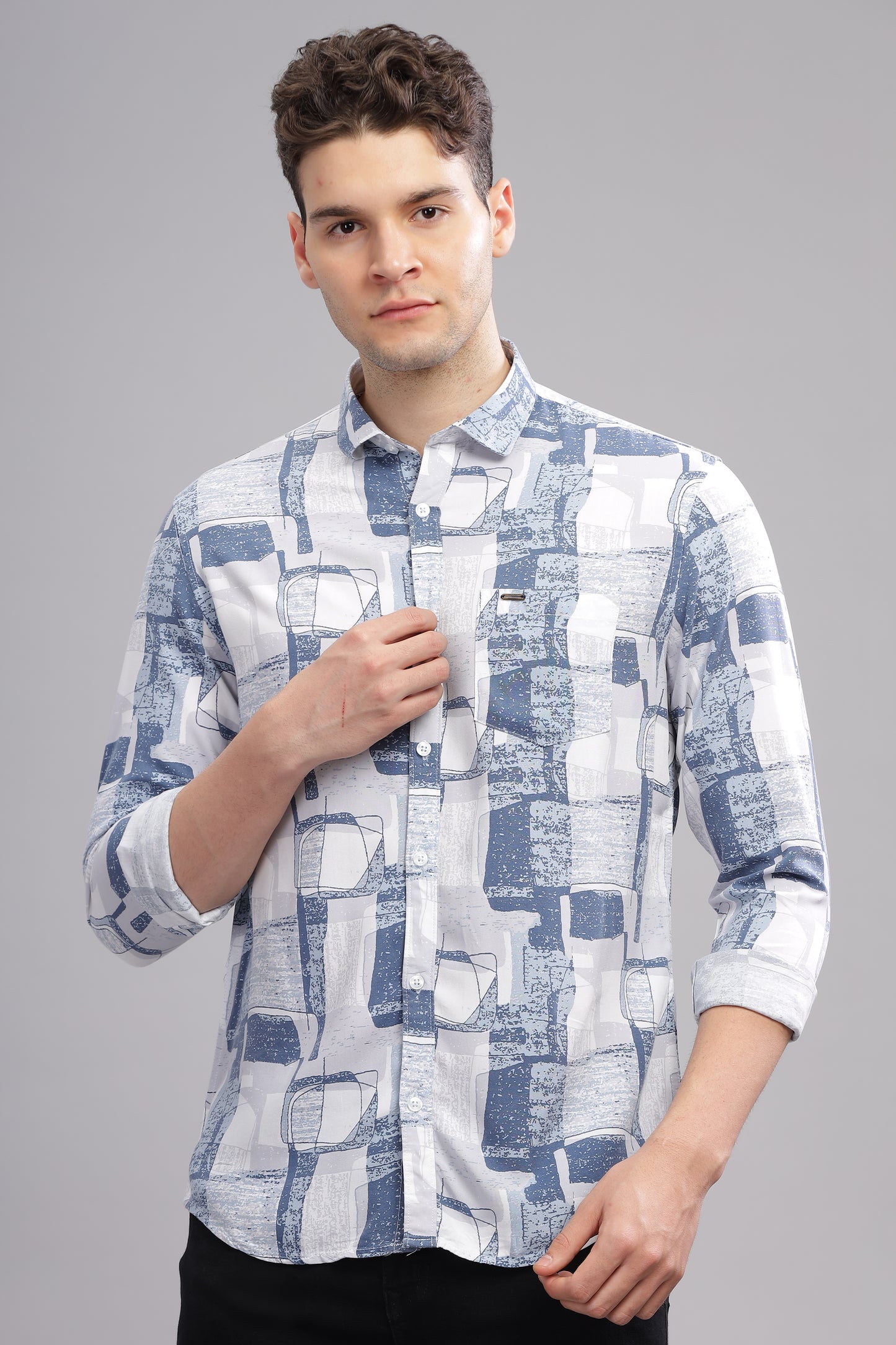 White and Blue Vibrant Rayon Stylish Printed Shirts for Men