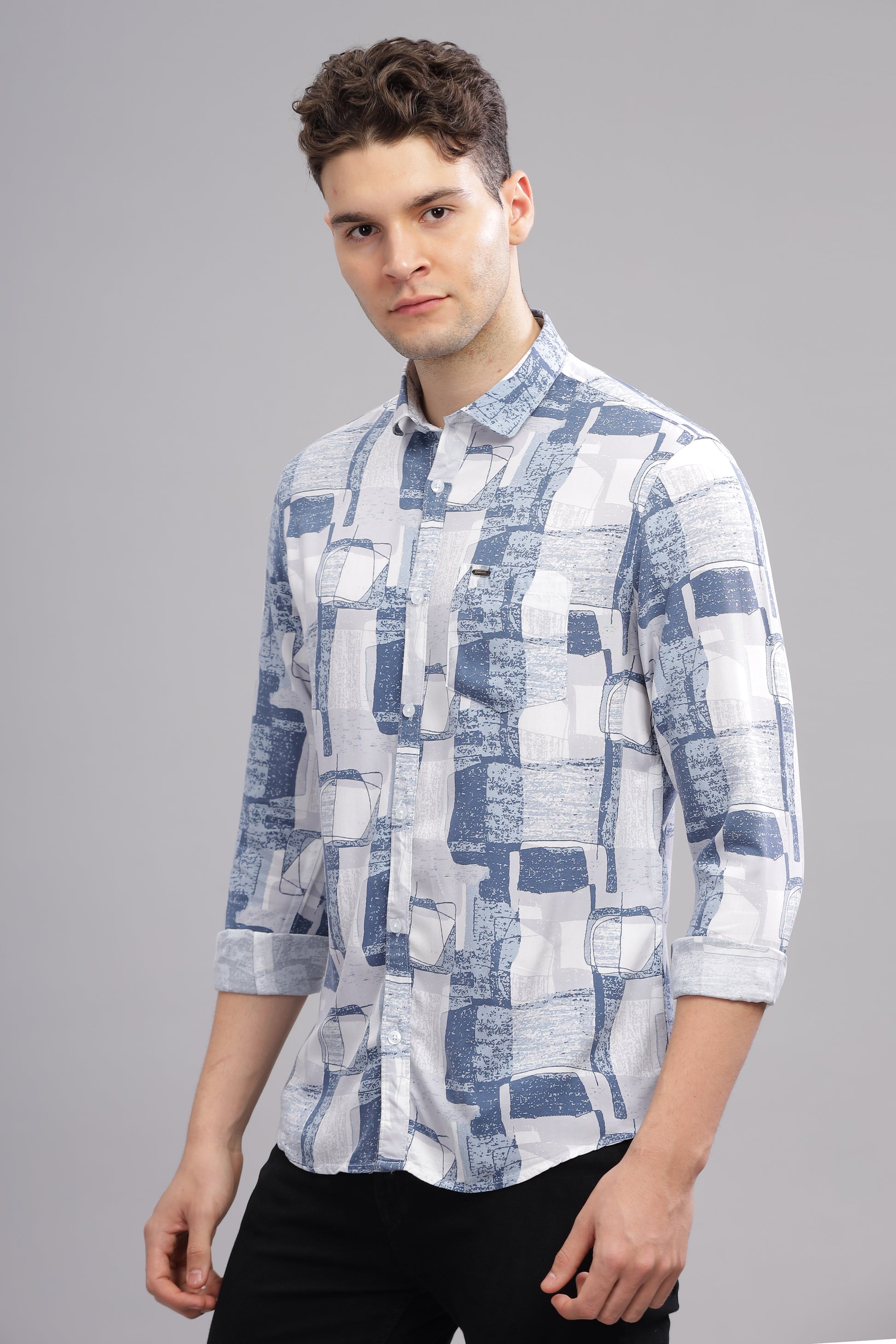 White and Blue Vibrant Rayon Stylish Printed Shirts for Men