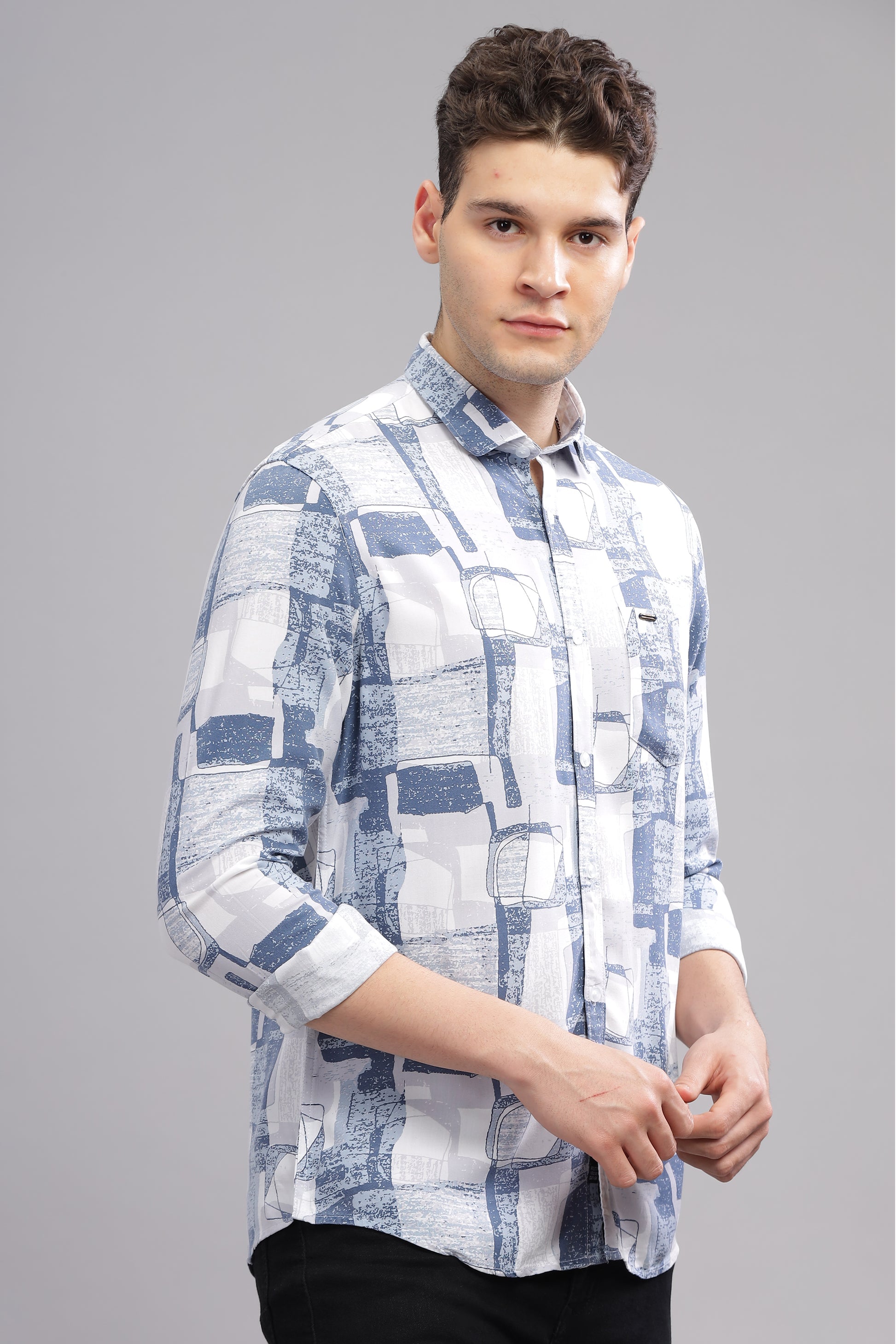 White and Blue Vibrant Rayon Stylish Printed Shirts for Men