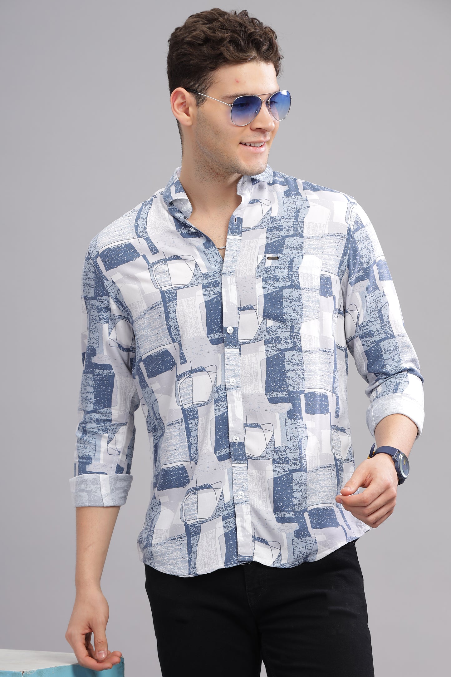 White and Blue Vibrant Rayon Stylish Printed Shirts for Men