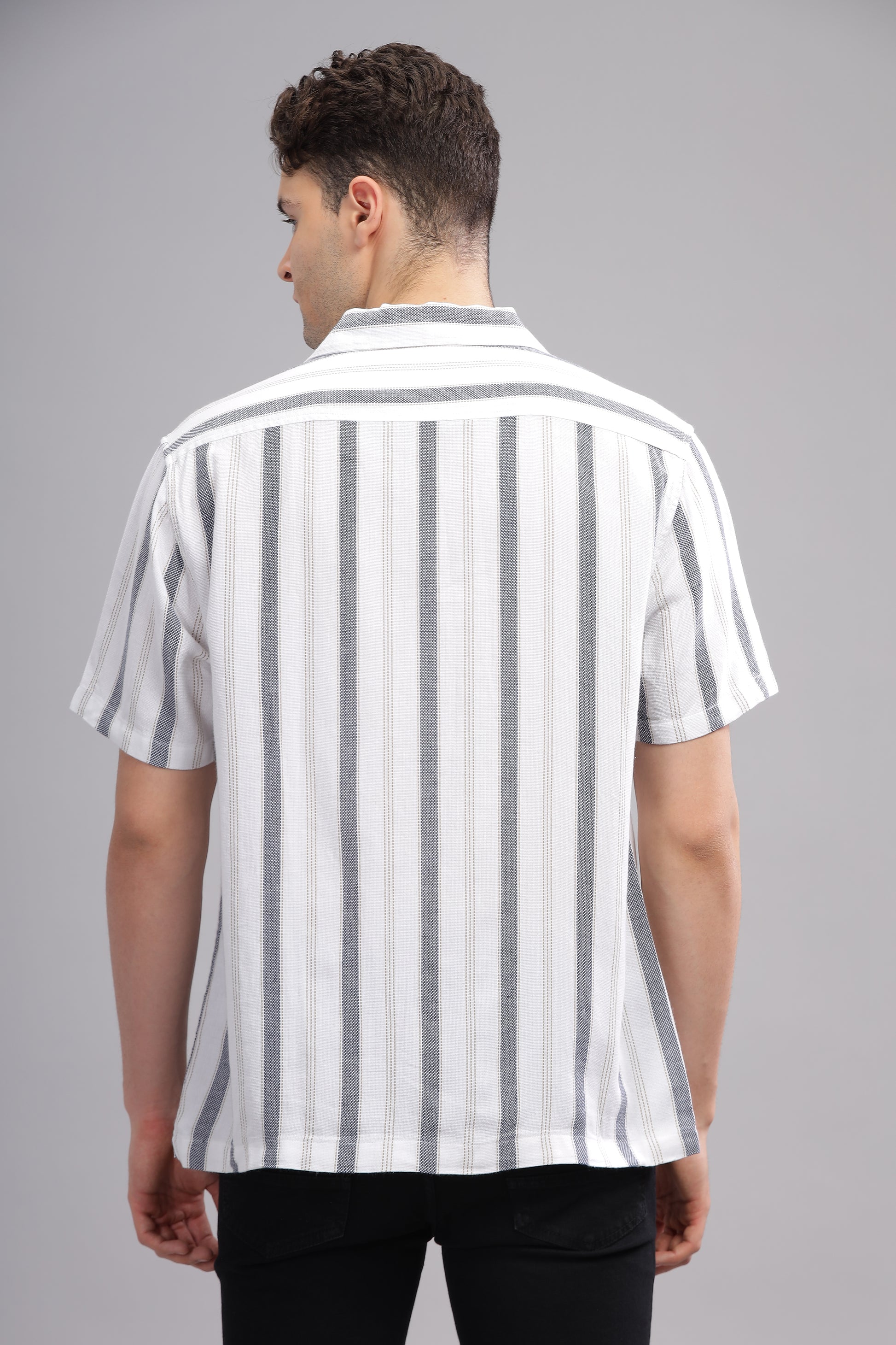  White and Grey Summer Breezy Striped Half Sleeve Shirt