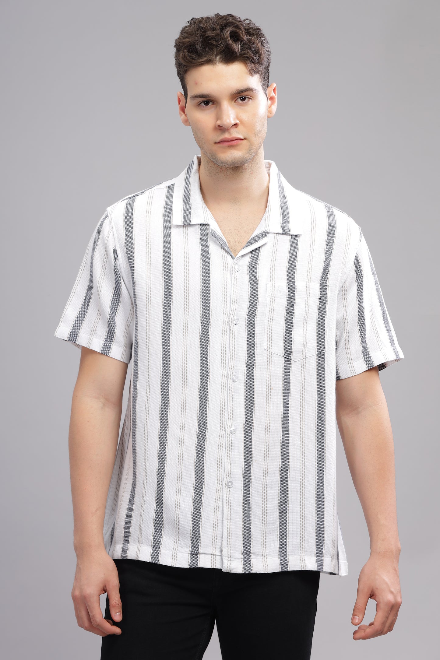  White and Grey Summer Breezy Striped Half Sleeve Shirt