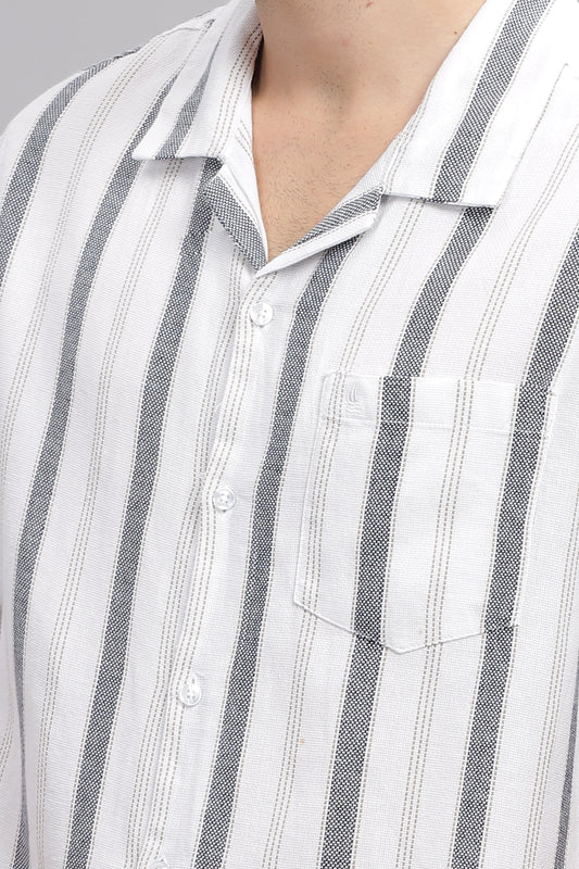  White and Grey Summer Breezy Striped Half Sleeve Shirt