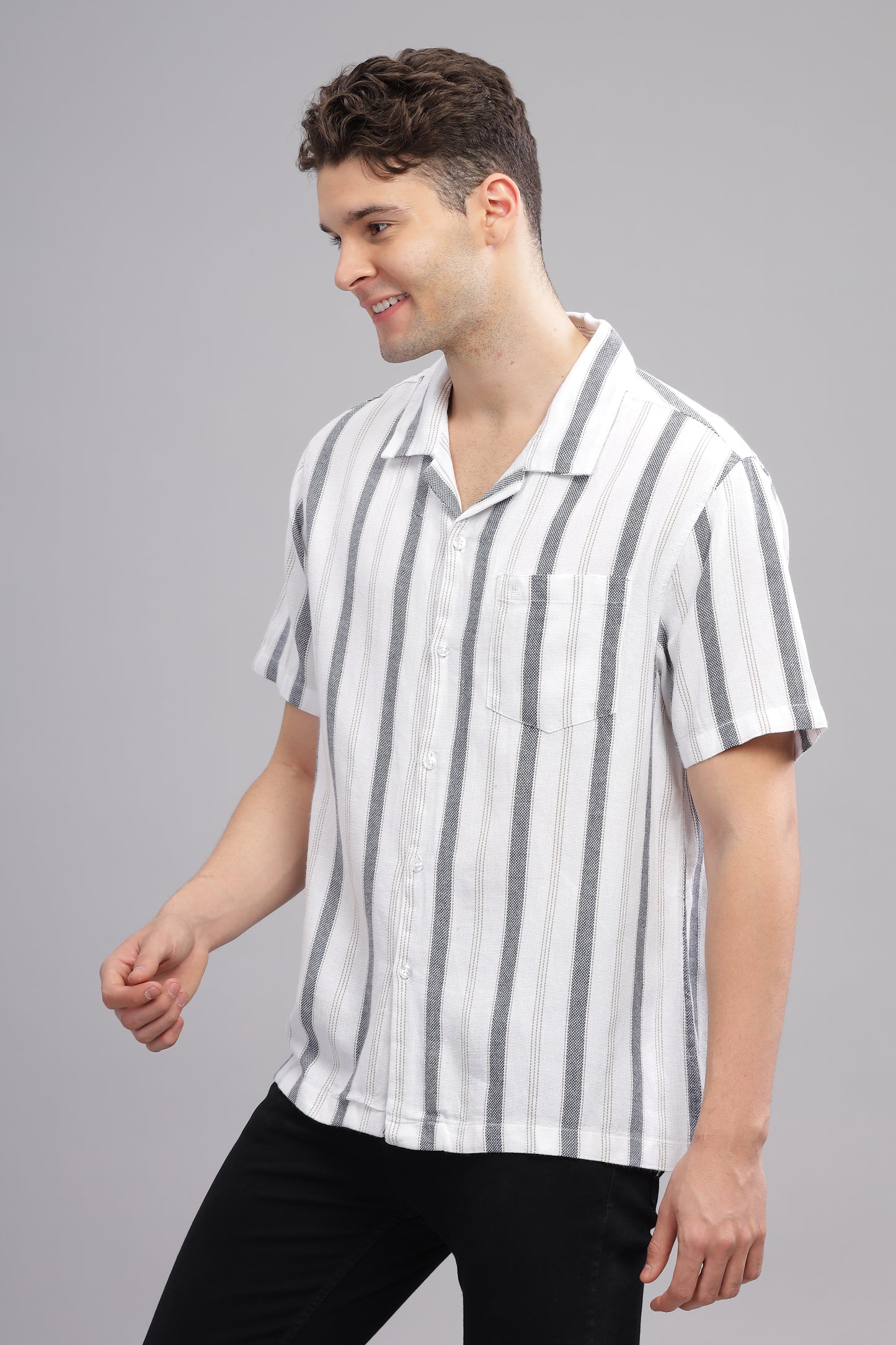  White and Grey Summer Breezy Striped Half Sleeve Shirt