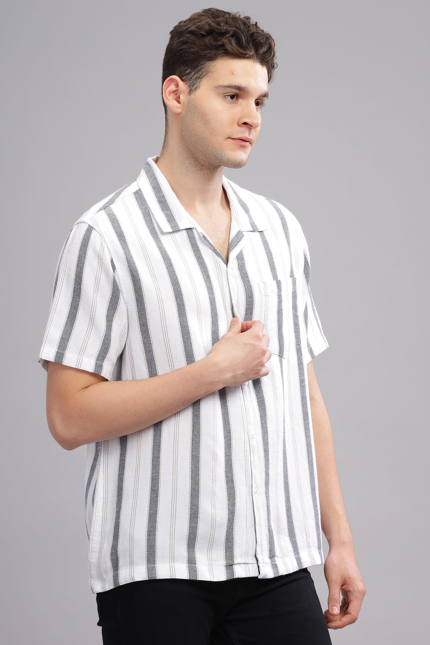  White and Grey Summer Breezy Striped Half Sleeve Shirt