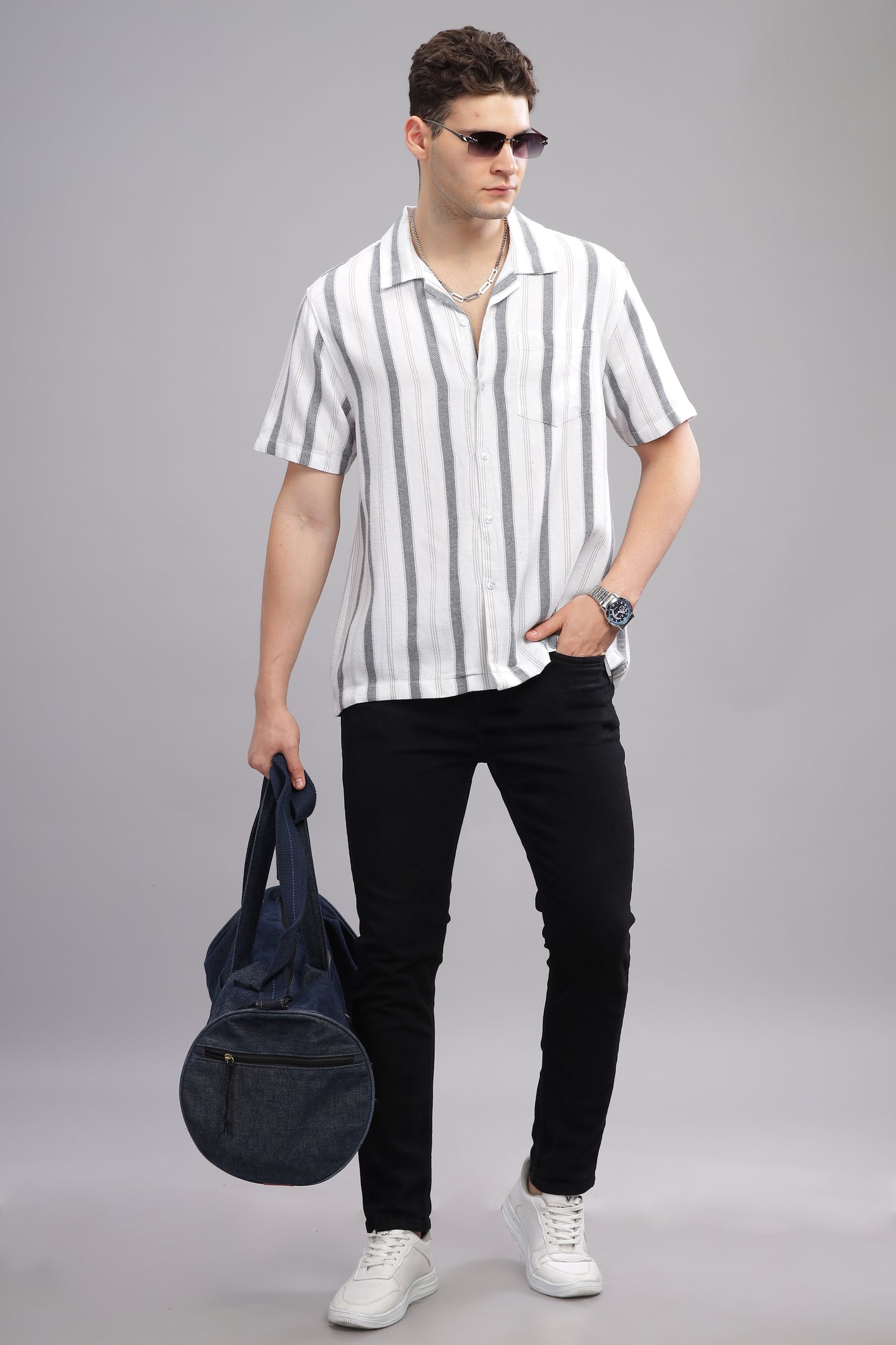  White and Grey Summer Breezy Striped Half Sleeve Shirt