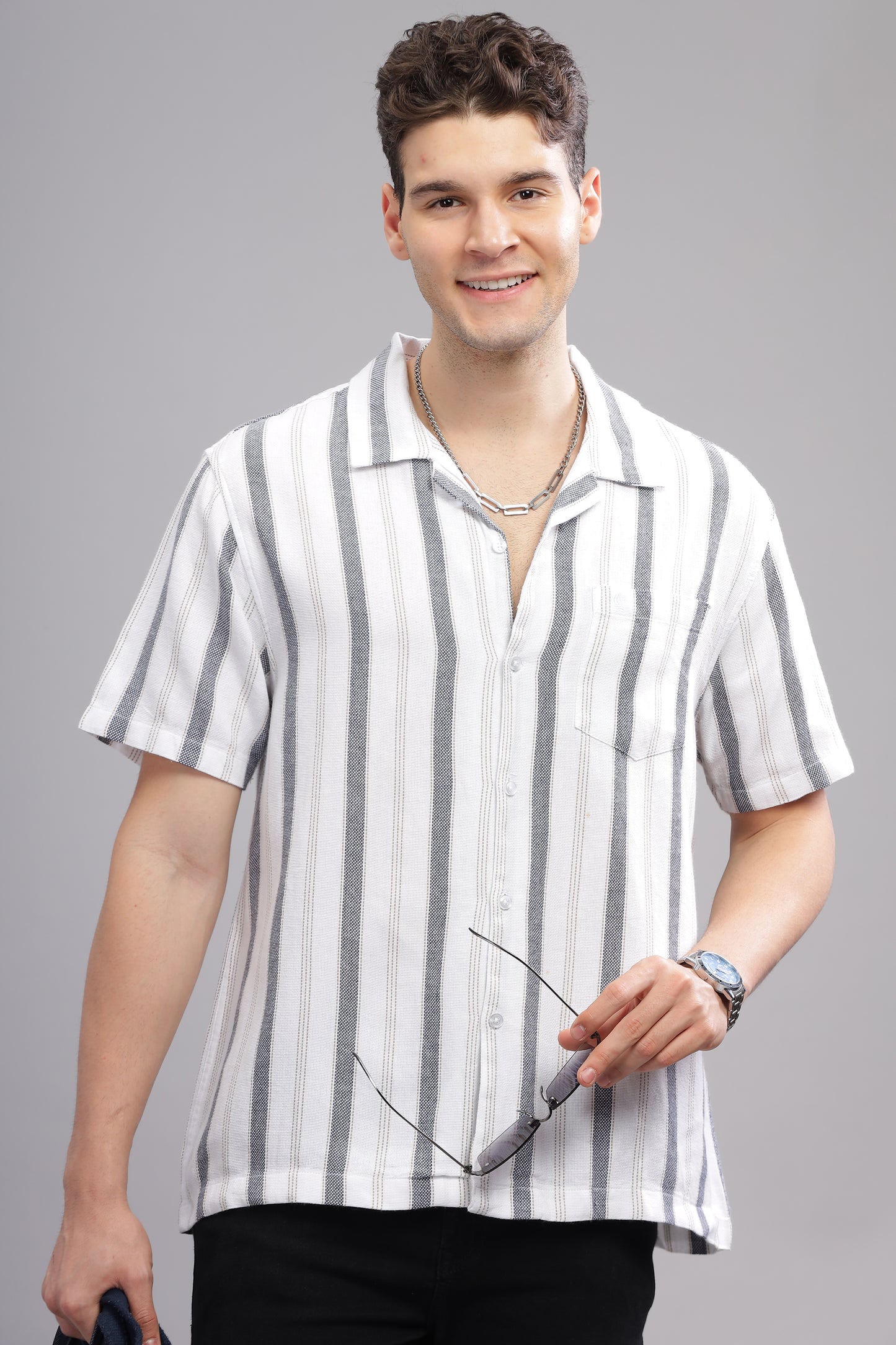  White and Grey Summer Breezy Striped Half Sleeve Shirt