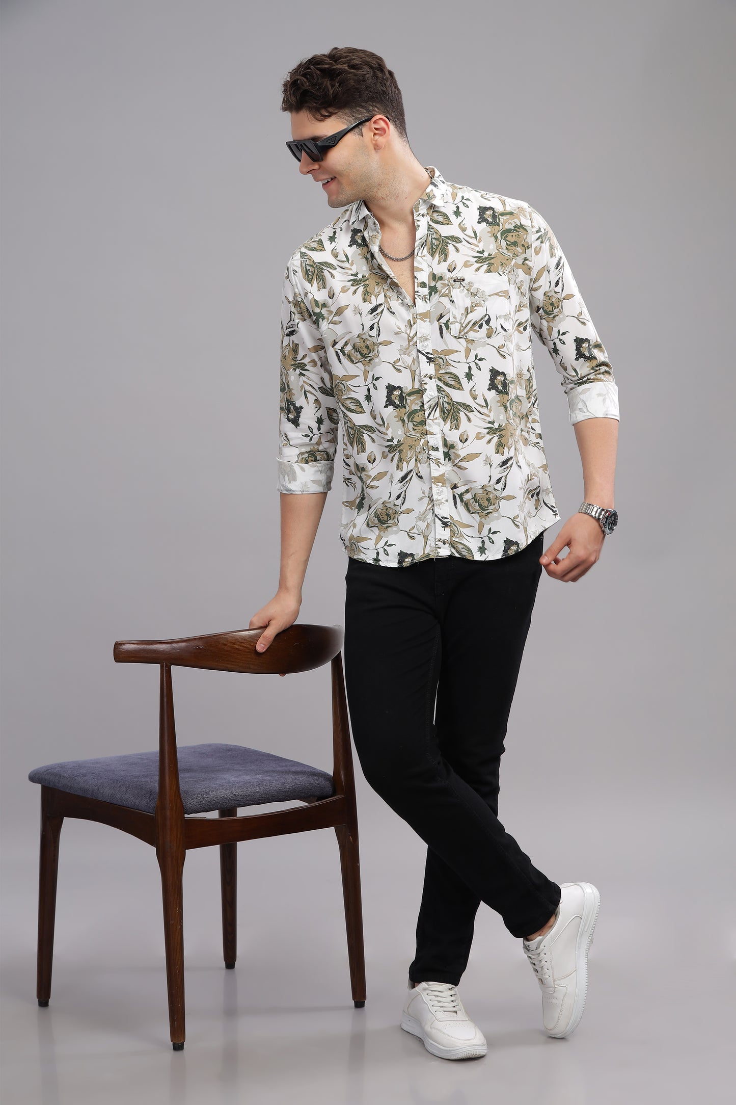 White and Grey Patterned Rayon New Design Printed Shirt