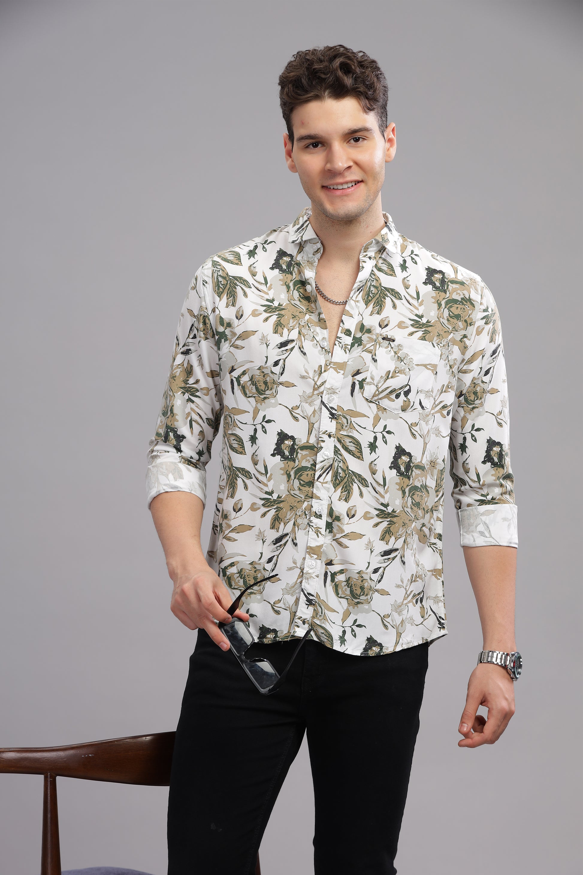 White and Grey Patterned Rayon New Design Printed Shirt