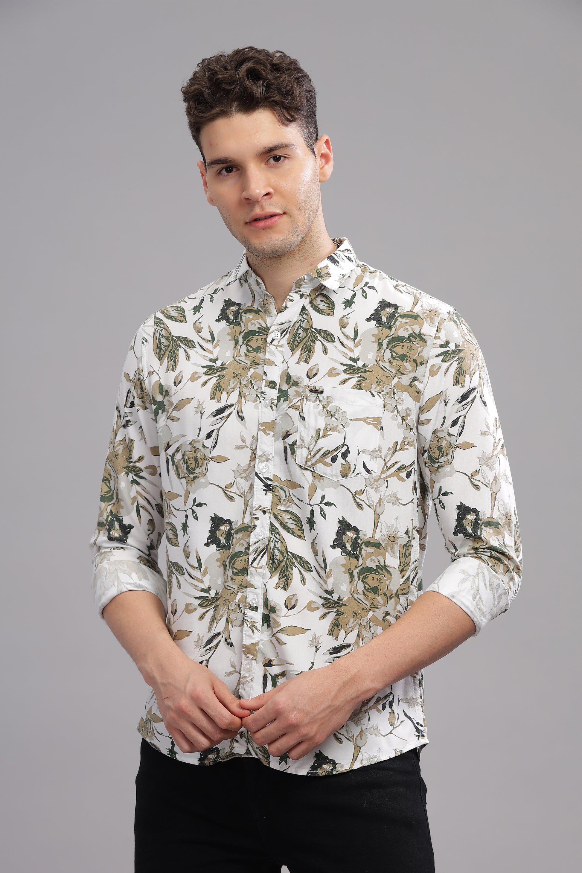 White and Grey Patterned Rayon New Design Printed Shirt