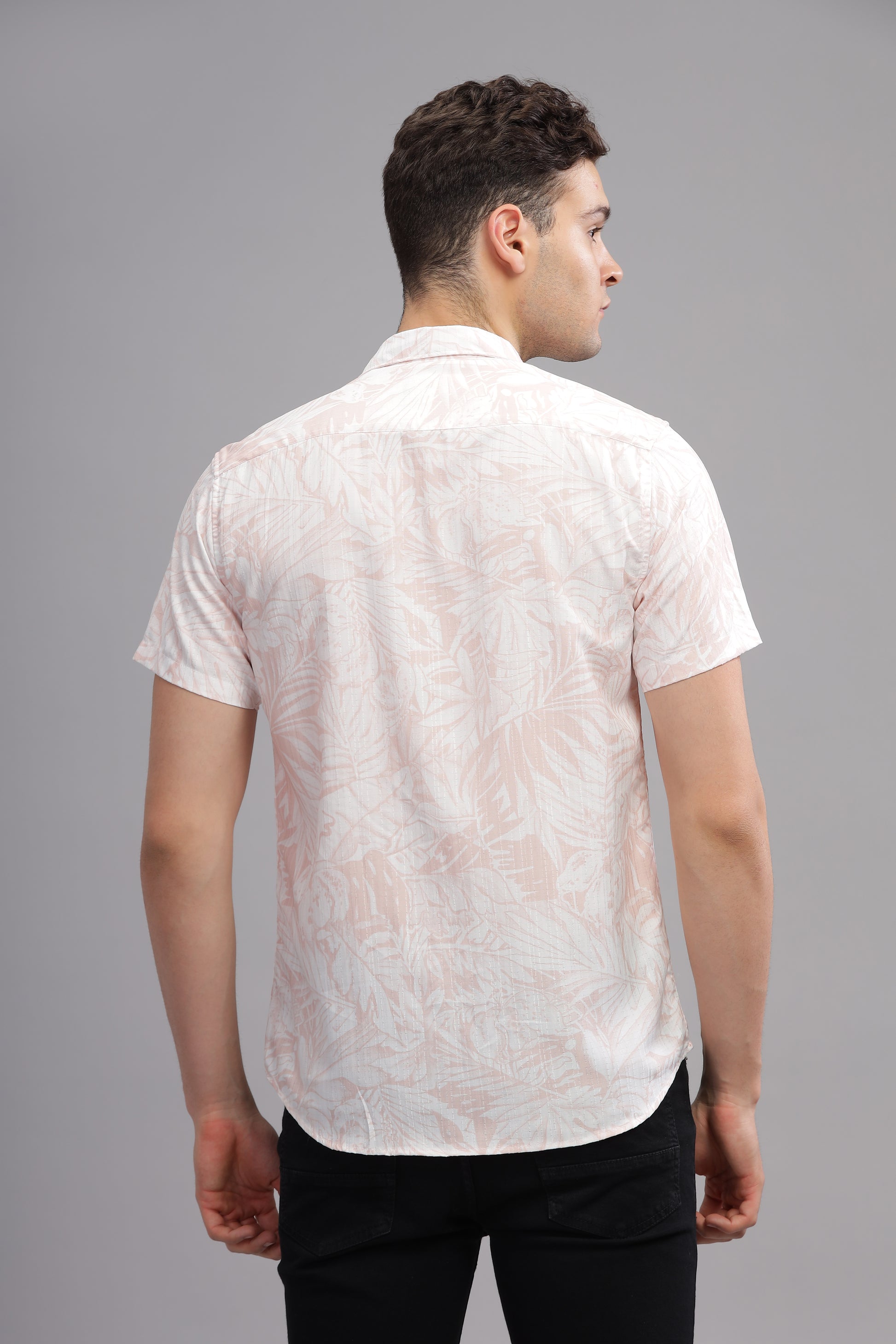 Peach Self Textured Printed Shirts Full Sleeves