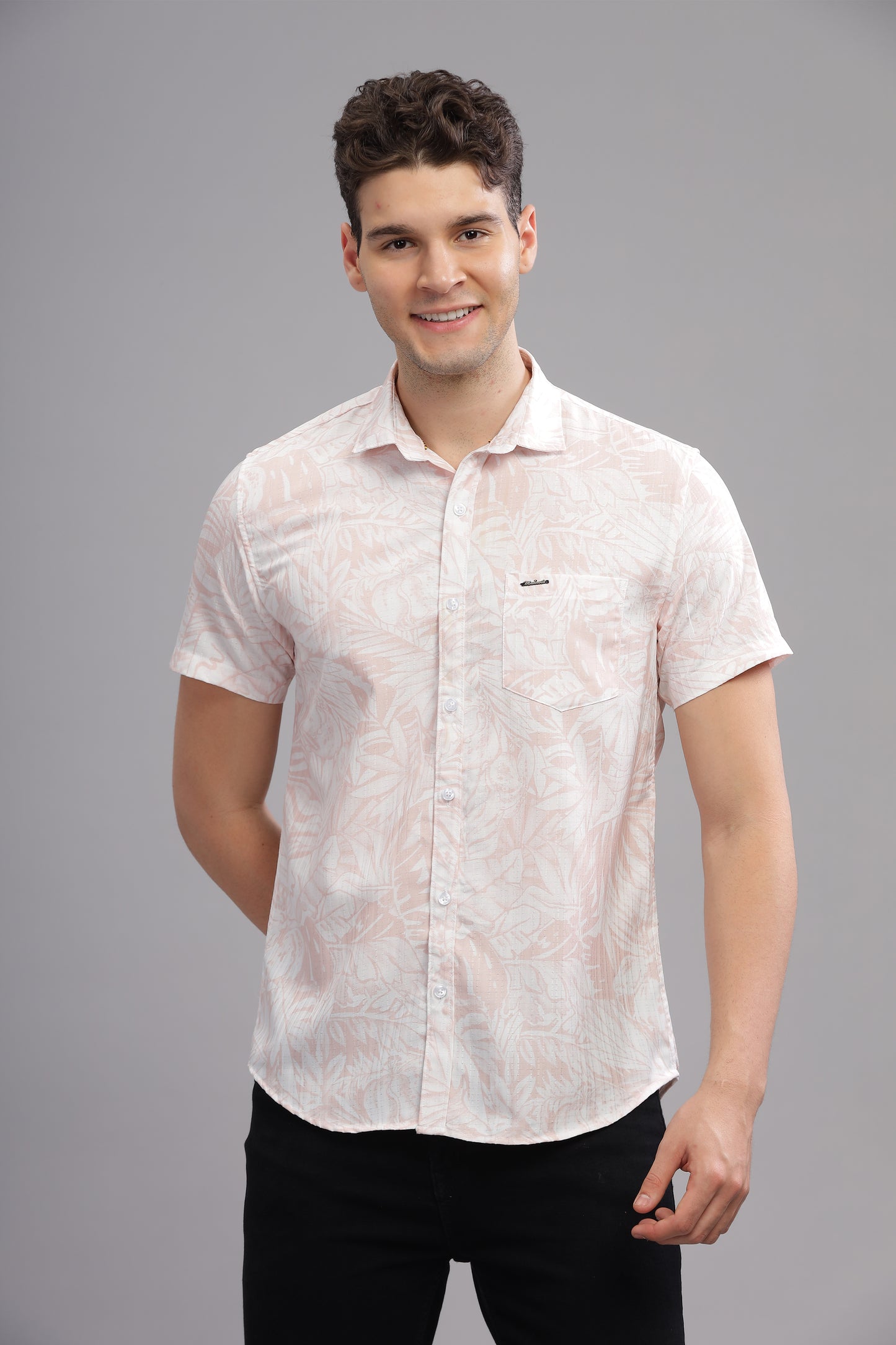 Peach Self Textured Printed Shirts Full Sleeves