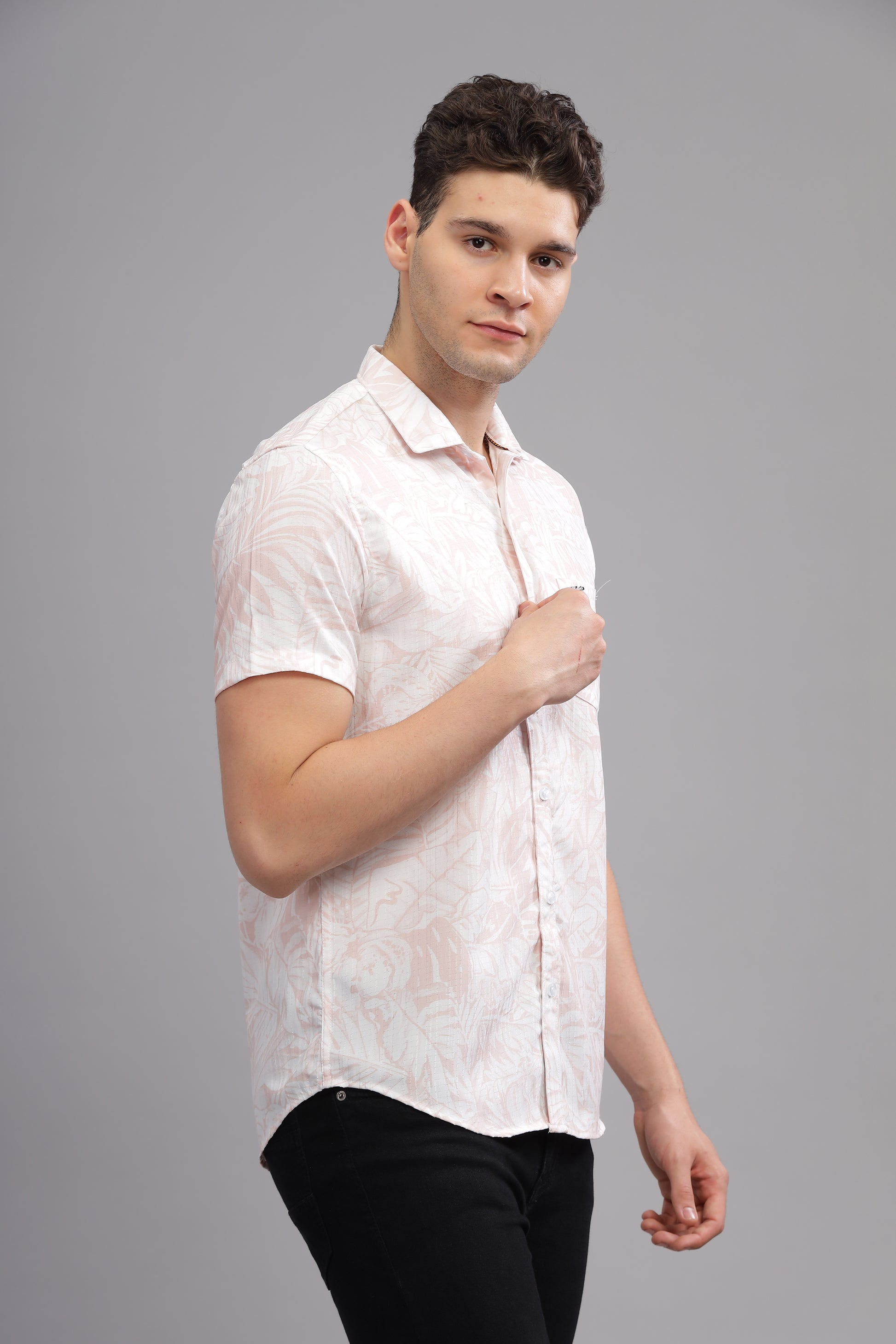 Peach Self Textured Printed Shirts Full Sleeves