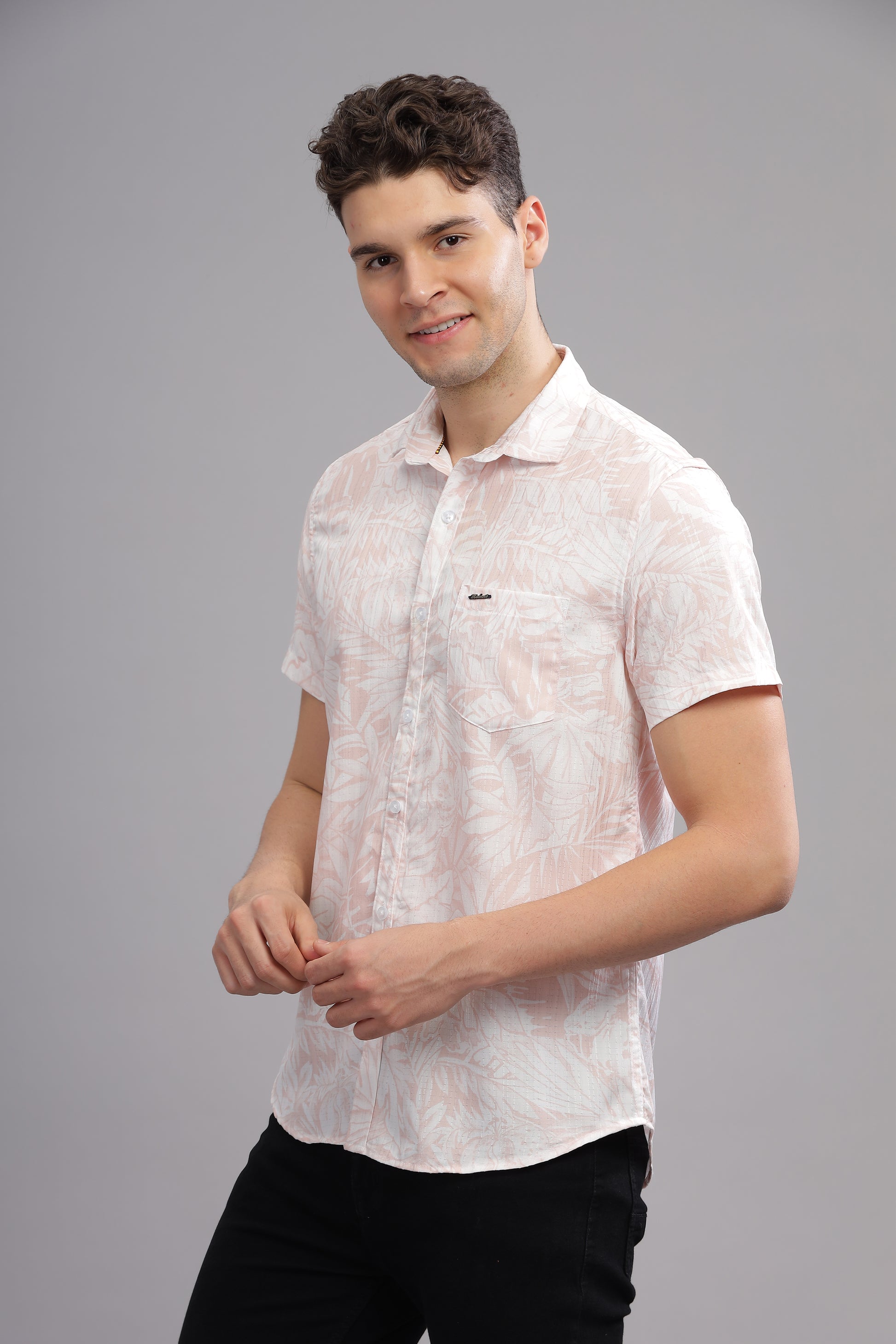 Peach Self Textured Printed Shirts Full Sleeves