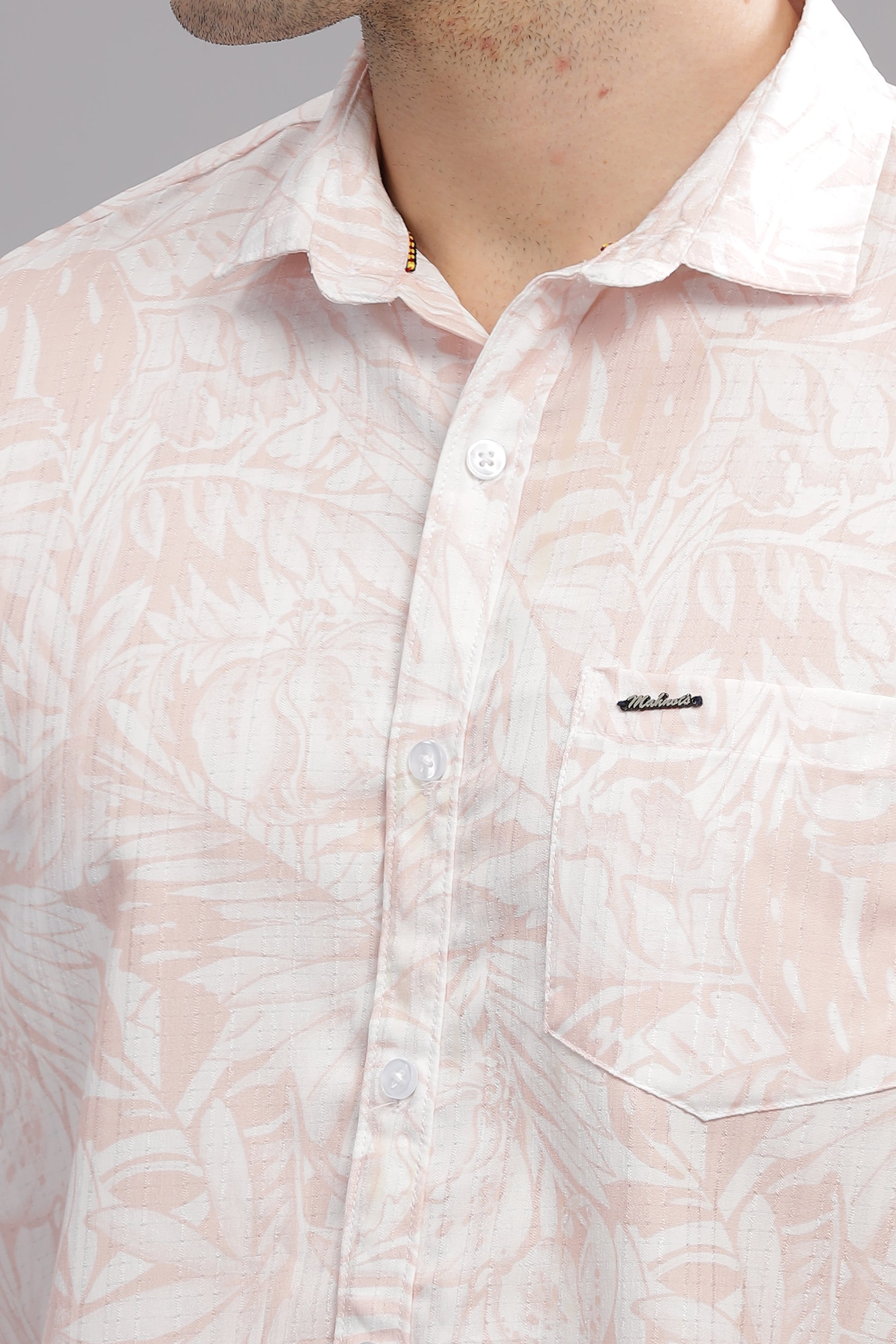 Peach Self Textured Printed Shirts Full Sleeves